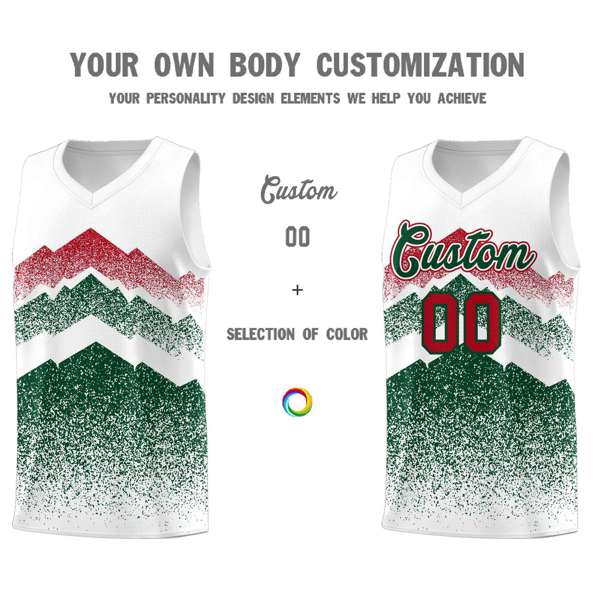 Custom Youth Basketball Jerseys White Green Gradient Mountain Design Uniforms