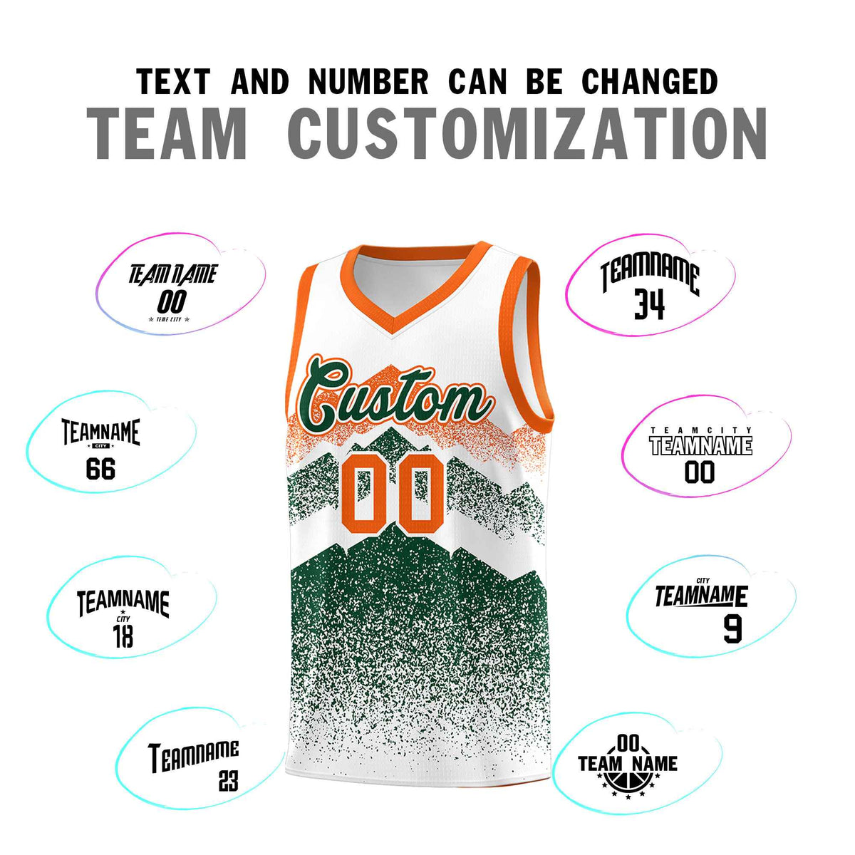 Custom Youth Basketball Jerseys White Green Gradient Mountain Design Uniforms