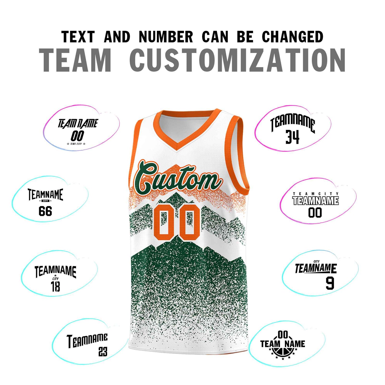 Custom Youth Basketball Jerseys White Green Gradient Mountain Design Uniforms