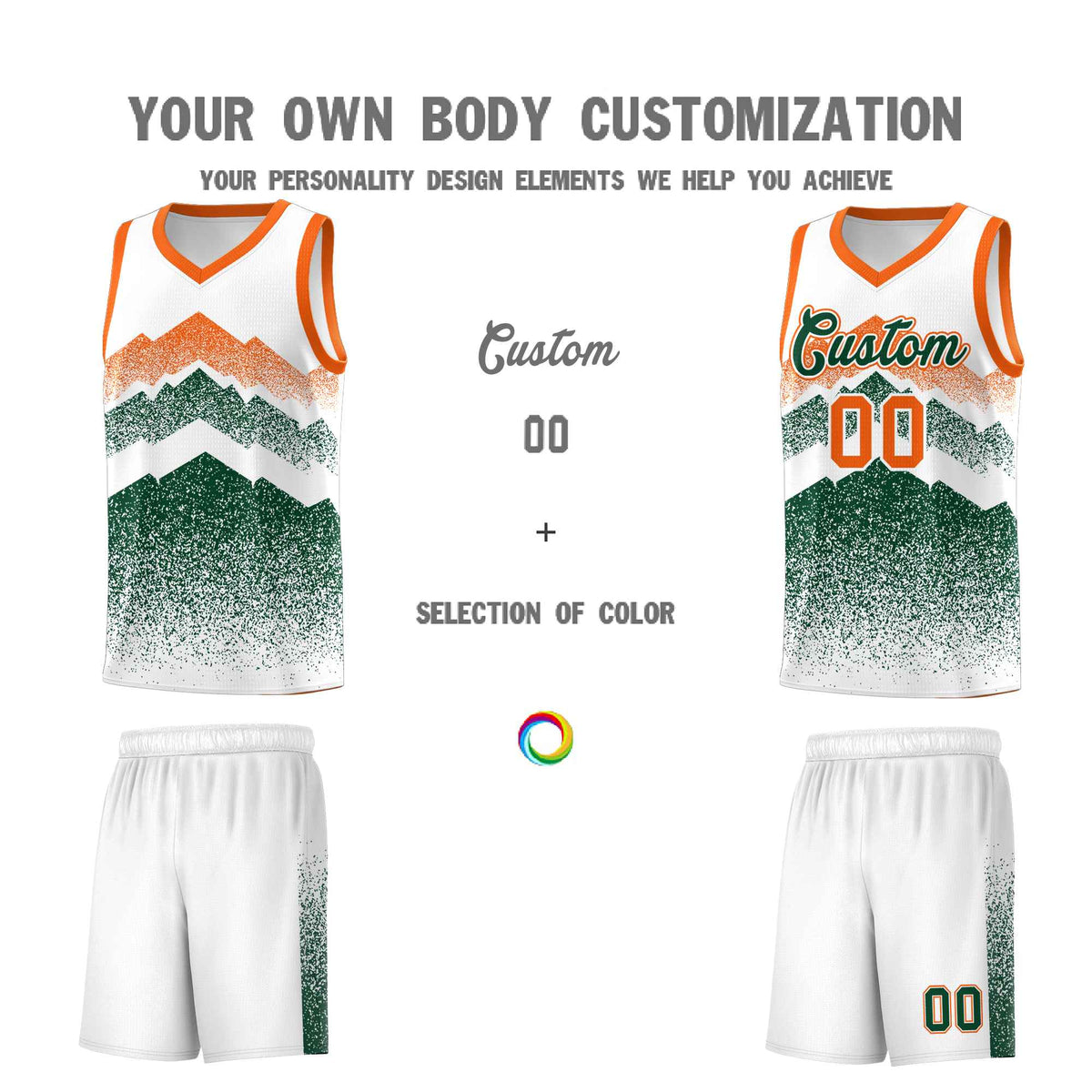 Custom Youth Basketball Jerseys White Green Gradient Mountain Design Uniforms