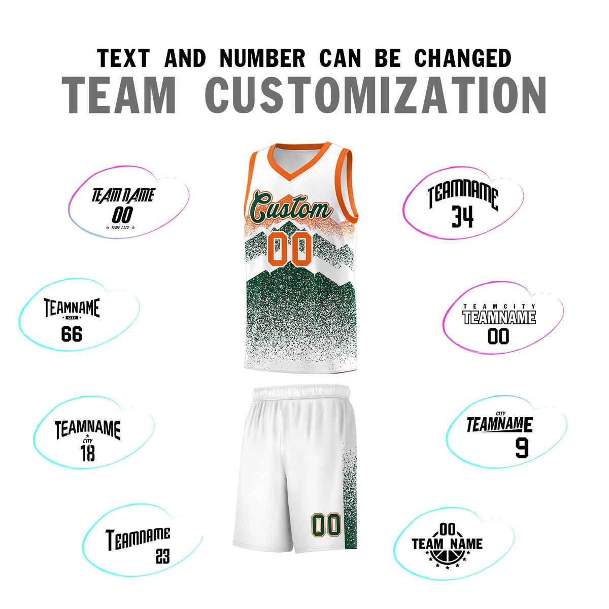 Custom Youth Basketball Jerseys White Green Gradient Mountain Design Uniforms