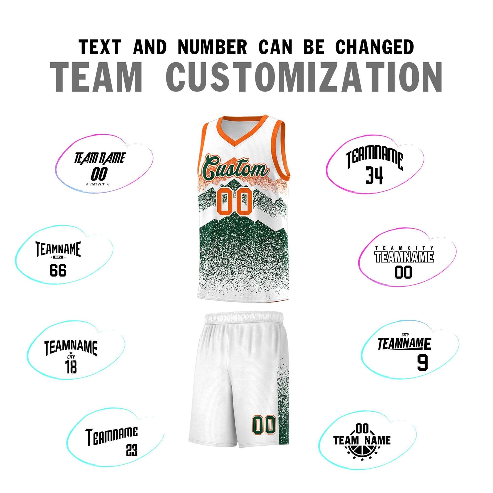 Custom Youth Basketball Jerseys White Green Gradient Mountain Design Uniforms