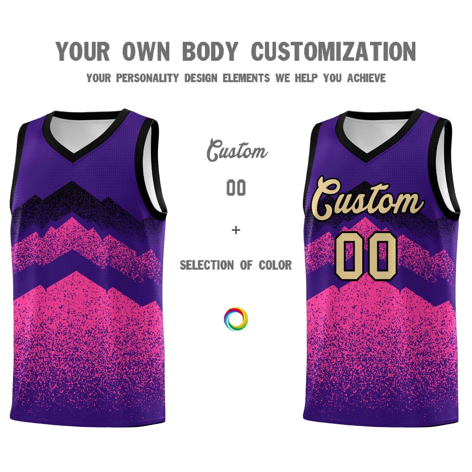 Custom Youth Basketball Jerseys Purple Pink Gradient Mountain Design Uniforms