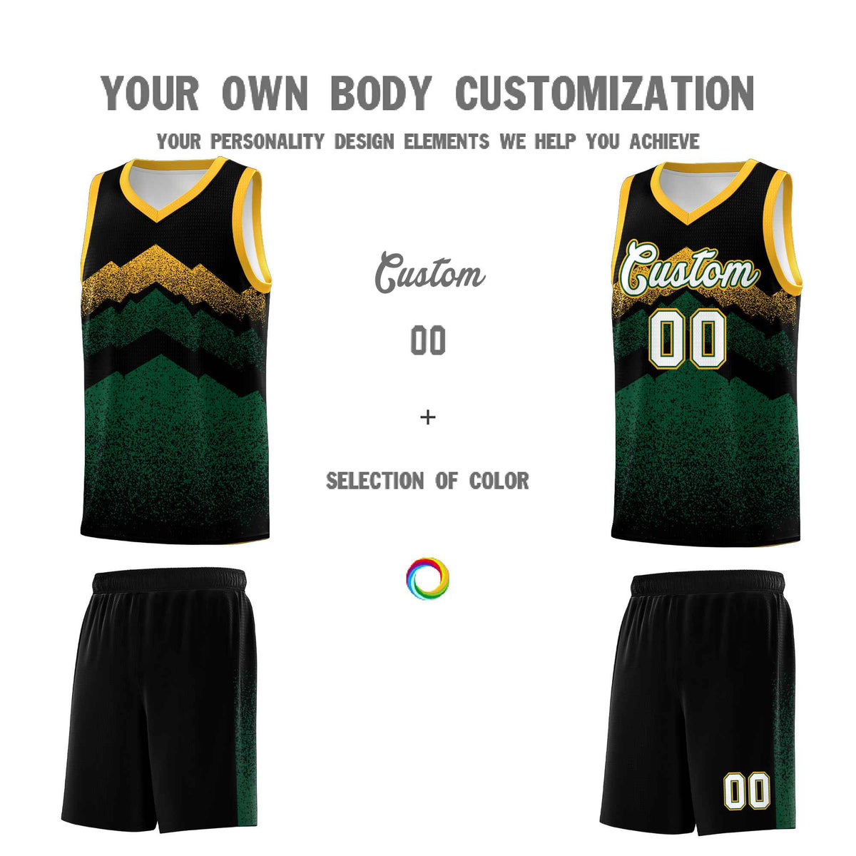 Custom Youth Basketball Jerseys Black Green Gradient Mountain Design Uniforms