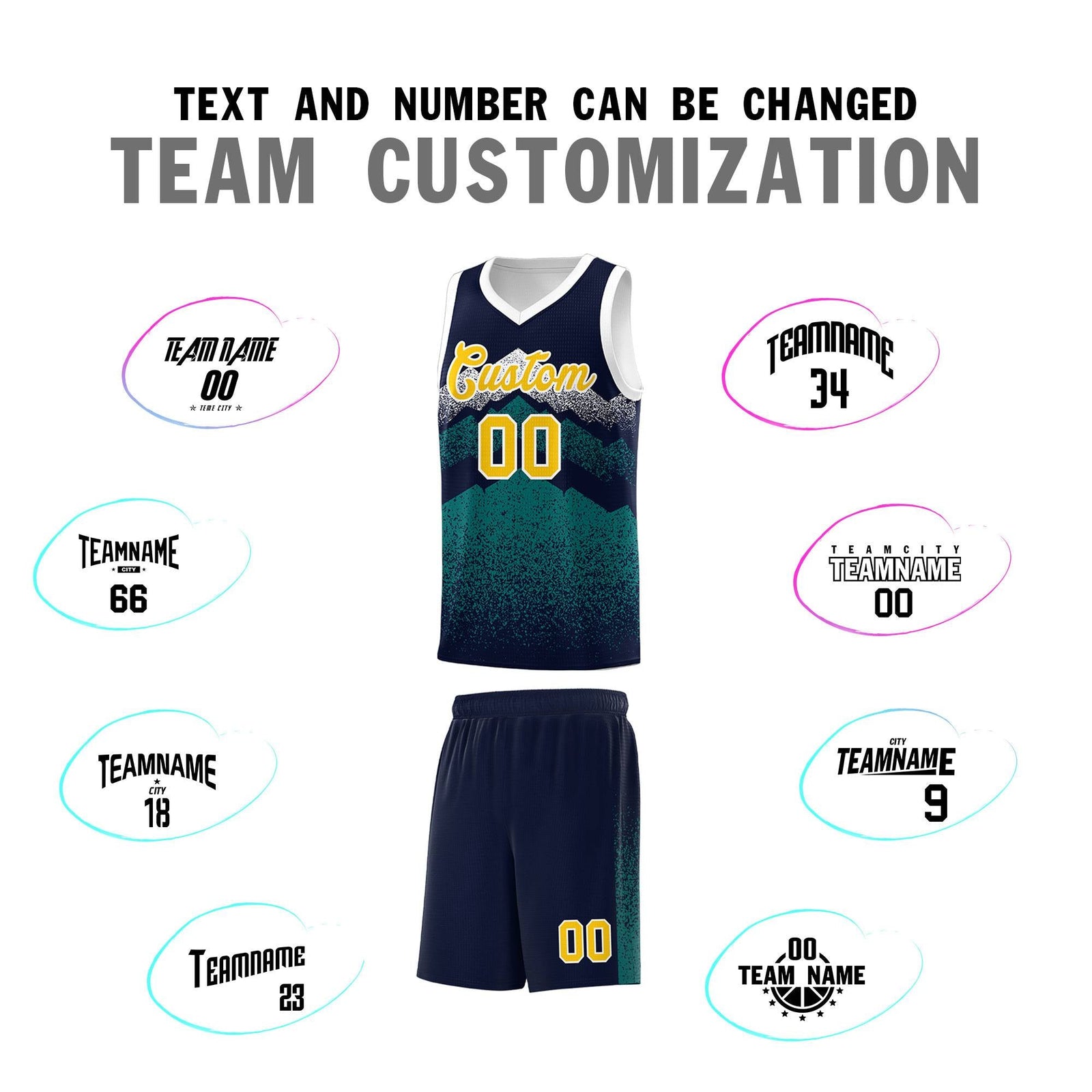 Custom Youth Basketball Jerseys Navy Teal Gradient Mountain Design Uniforms