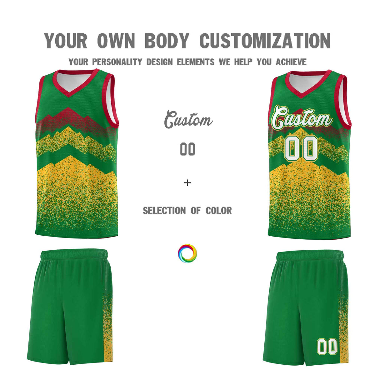 Custom Youth Basketball Jerseys Kelly Green Gold Gradient Mountain Design Uniforms