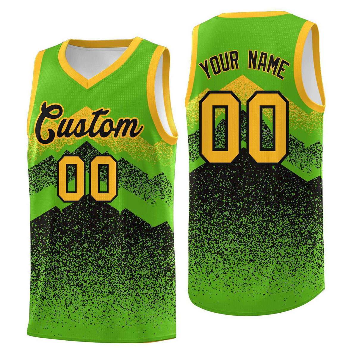 Custom Youth Basketball Jerseys Green Black Gradient Mountain Design Uniforms