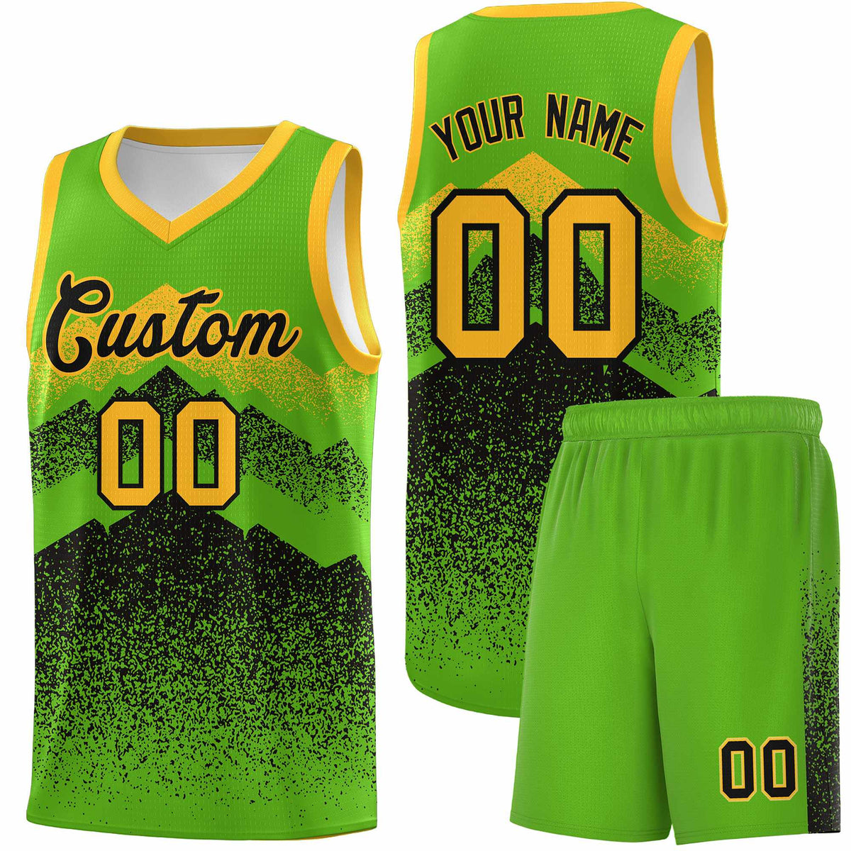 Custom Youth Basketball Jerseys Green Black Gradient Mountain Design Uniforms