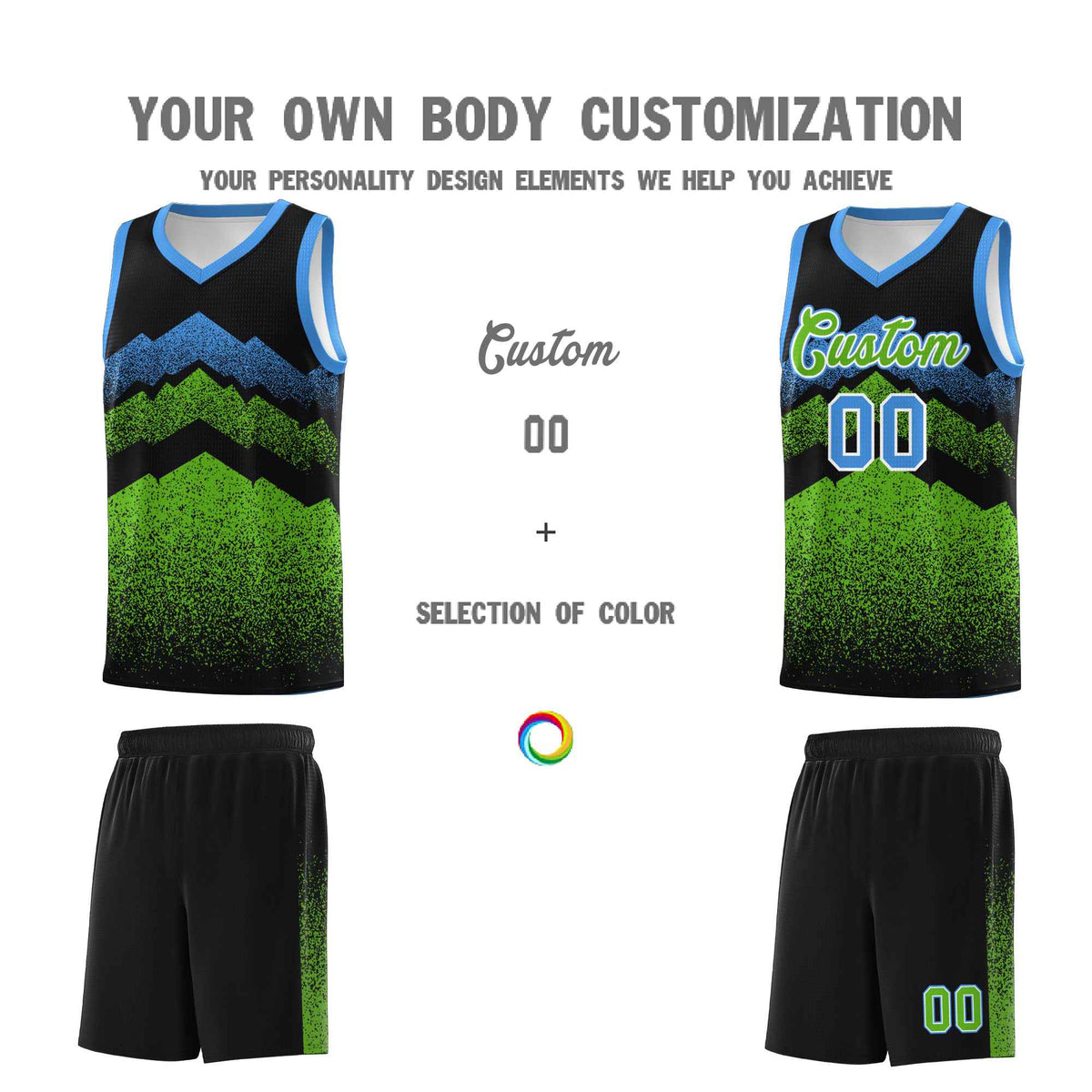 Personalized Youth Basketball Jerseys   Black Green Gradient Mountain Design Uniforms