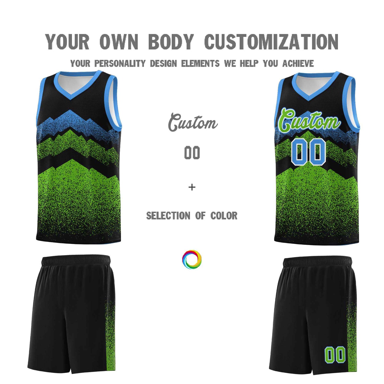 Personalized Youth Basketball Jerseys   Black Green Gradient Mountain Design Uniforms