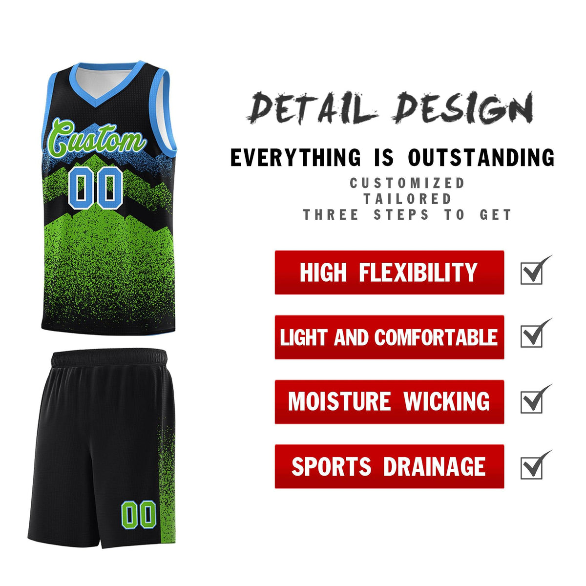 Personalized Youth Basketball Jerseys   Black Green Gradient Mountain Design Uniforms