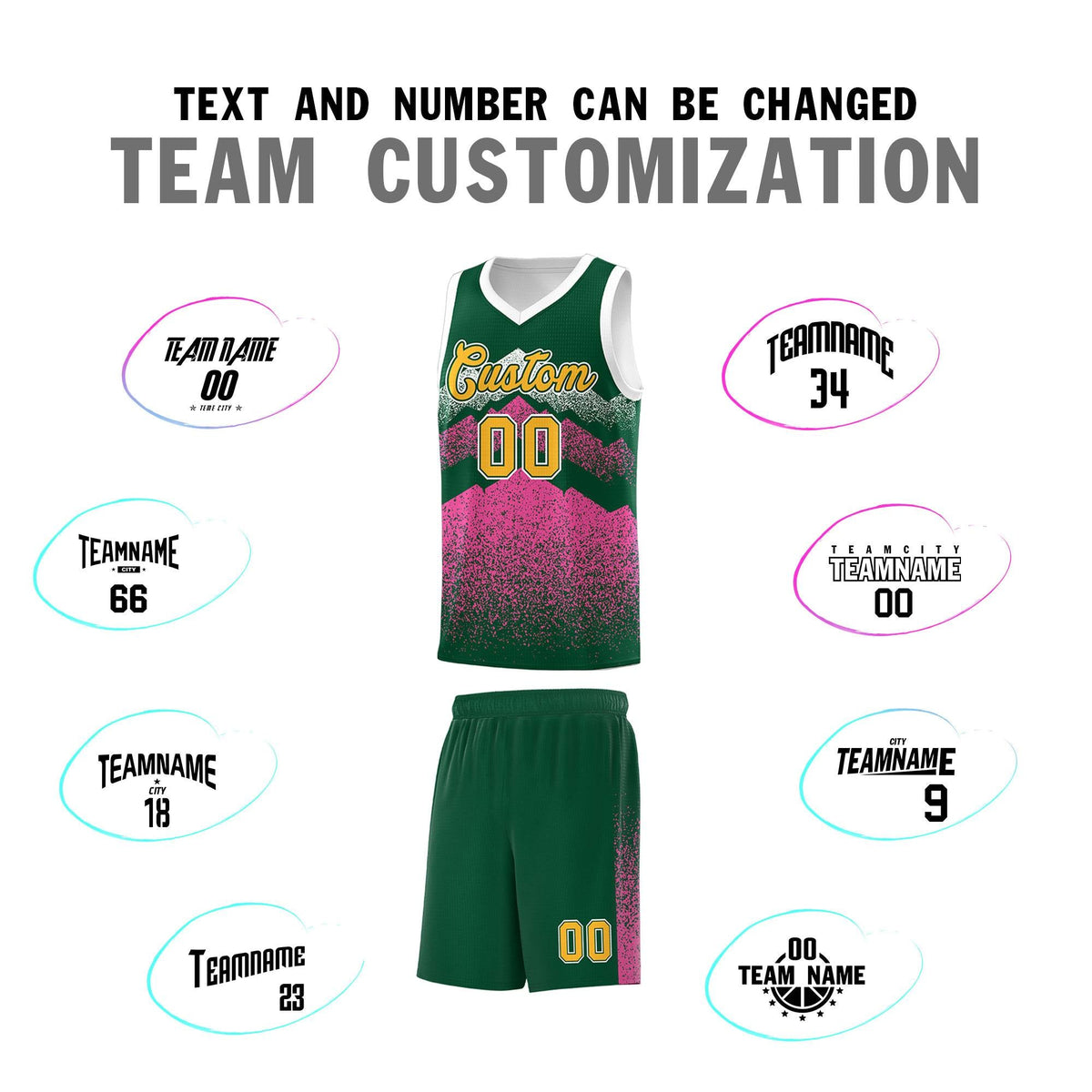 Custom Youth Basketball Jerseys Green Pink Gradient Mountain Design Uniforms