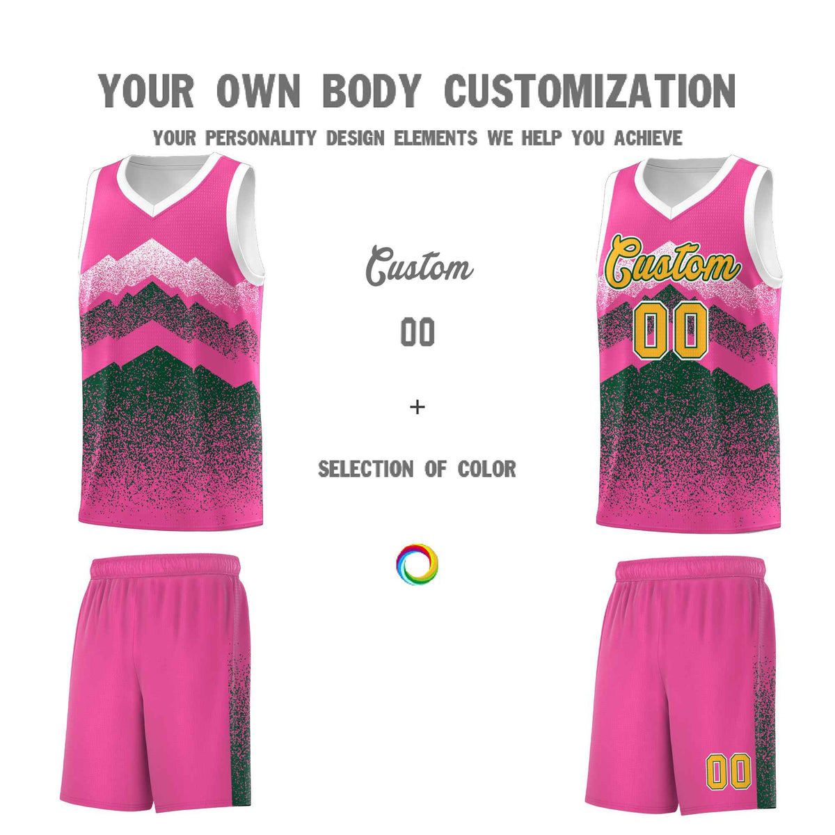 Personalized Youth Basketball Jerseys   Pink Green Gradient Mountain Design Uniforms
