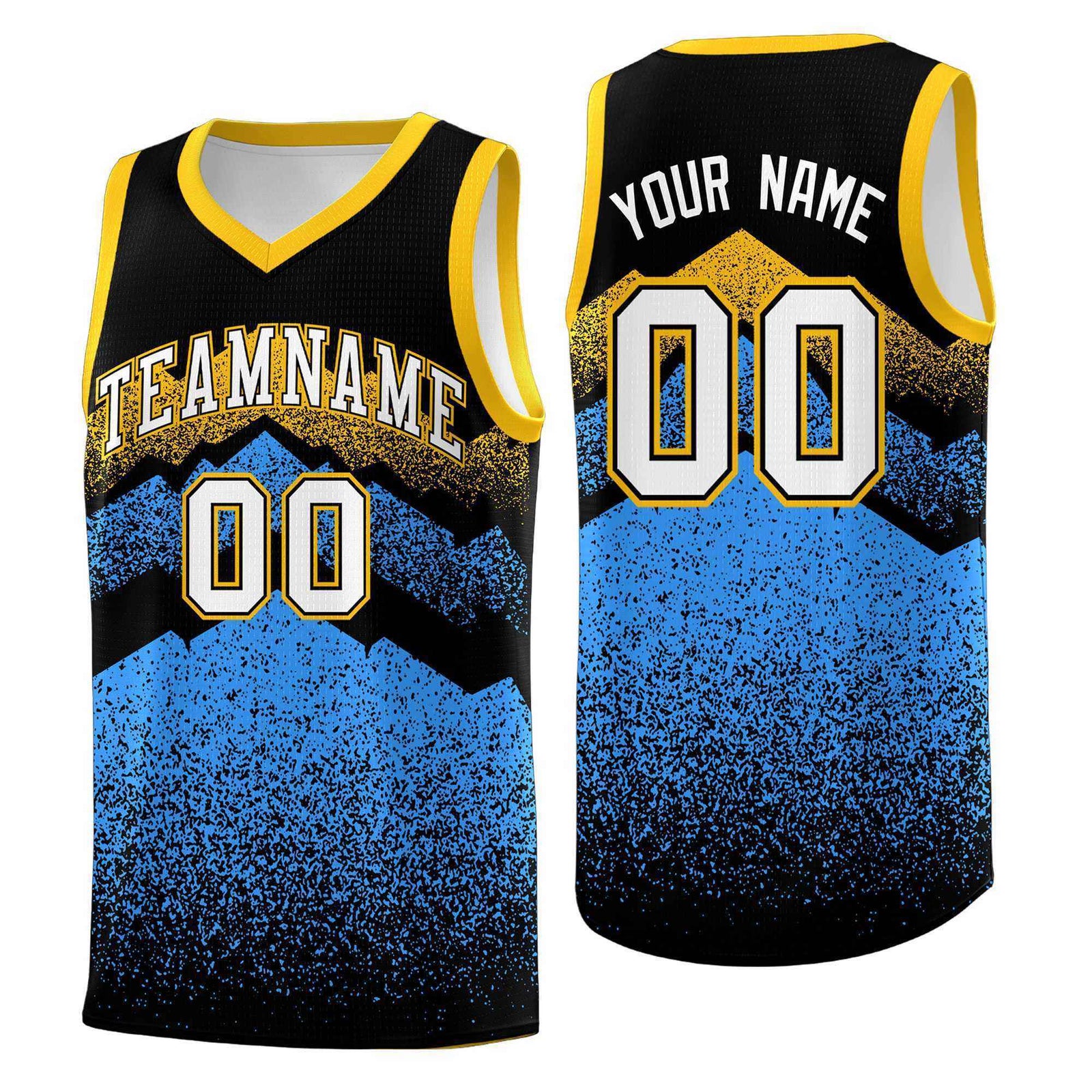 Custom Youth Basketball Jerseys Black Powder Blue Gradient Mountain Design Uniforms
