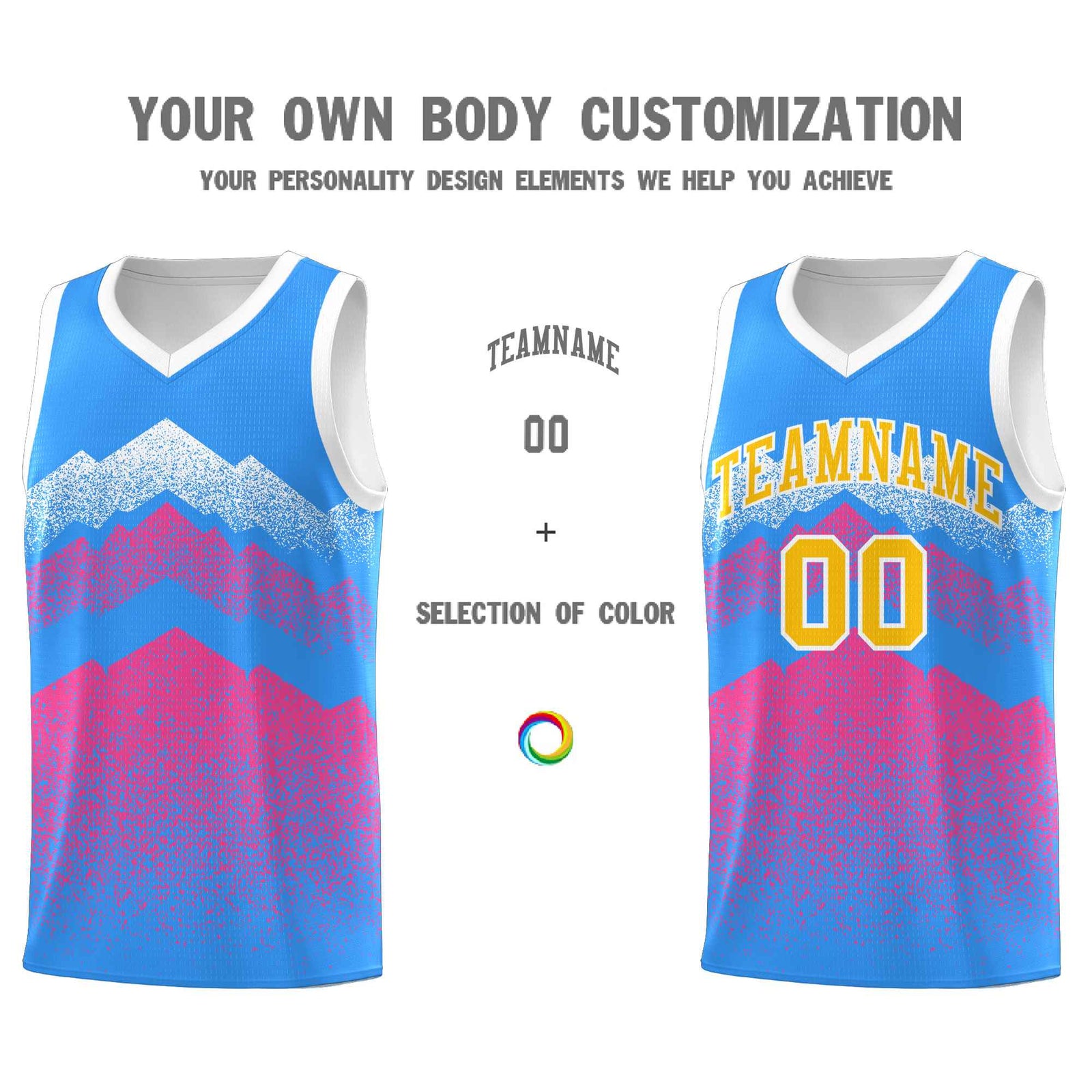 Custom Youth Basketball Jerseys Powder Blue Pink Gradient Mountain Design Uniforms