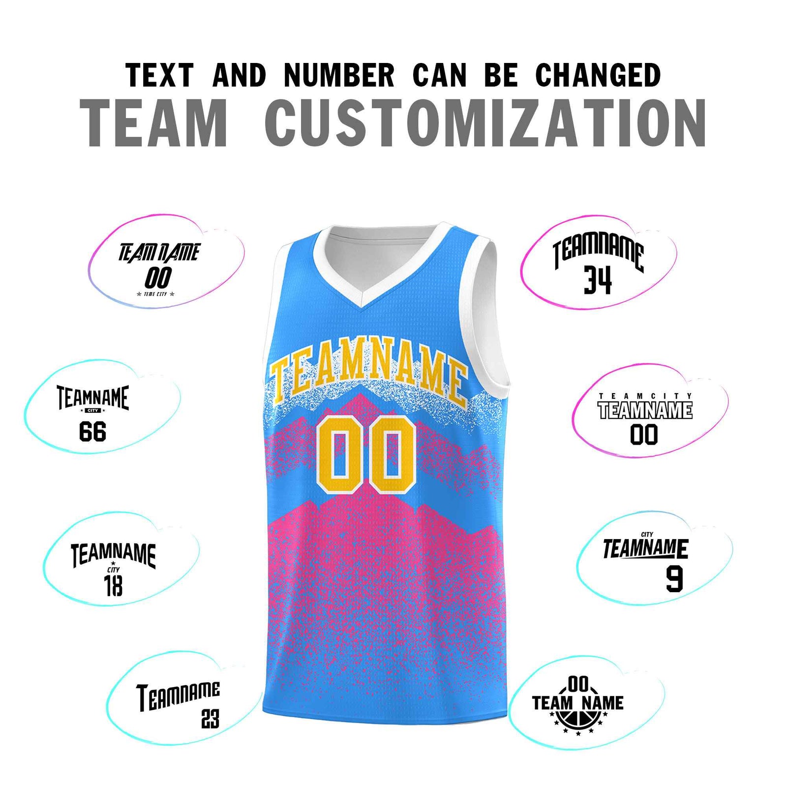 Custom Youth Basketball Jerseys Powder Blue Pink Gradient Mountain Design Uniforms