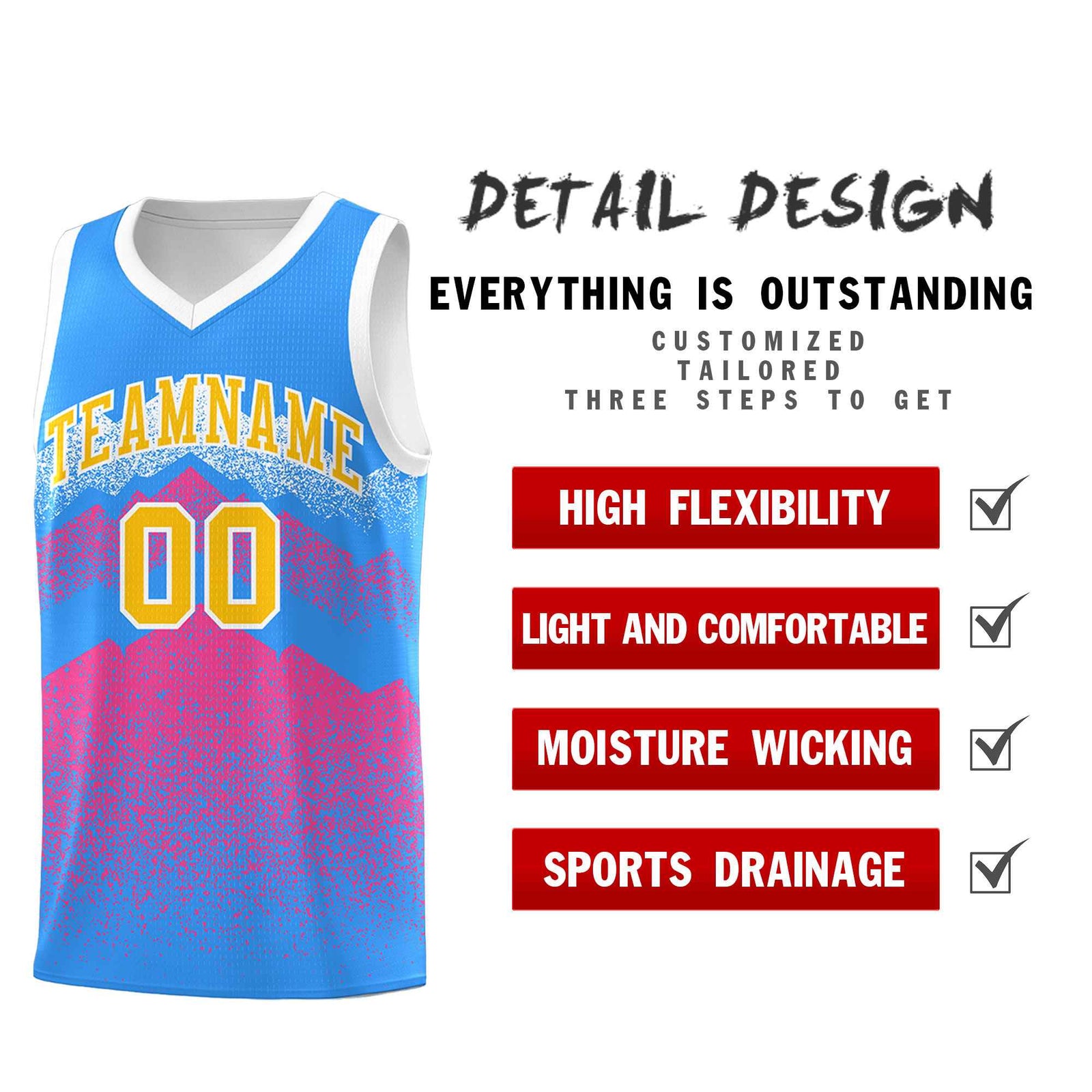 Custom Youth Basketball Jerseys Powder Blue Pink Gradient Mountain Design Uniforms
