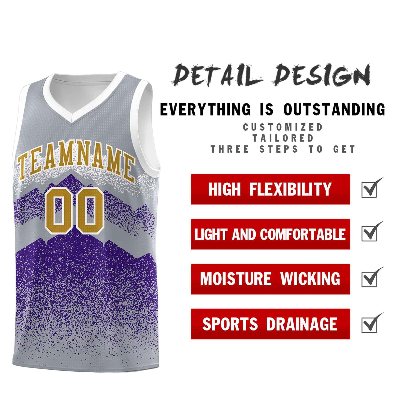 Custom Youth Basketball Jerseys Gray Purple Gradient Mountain Design Uniforms