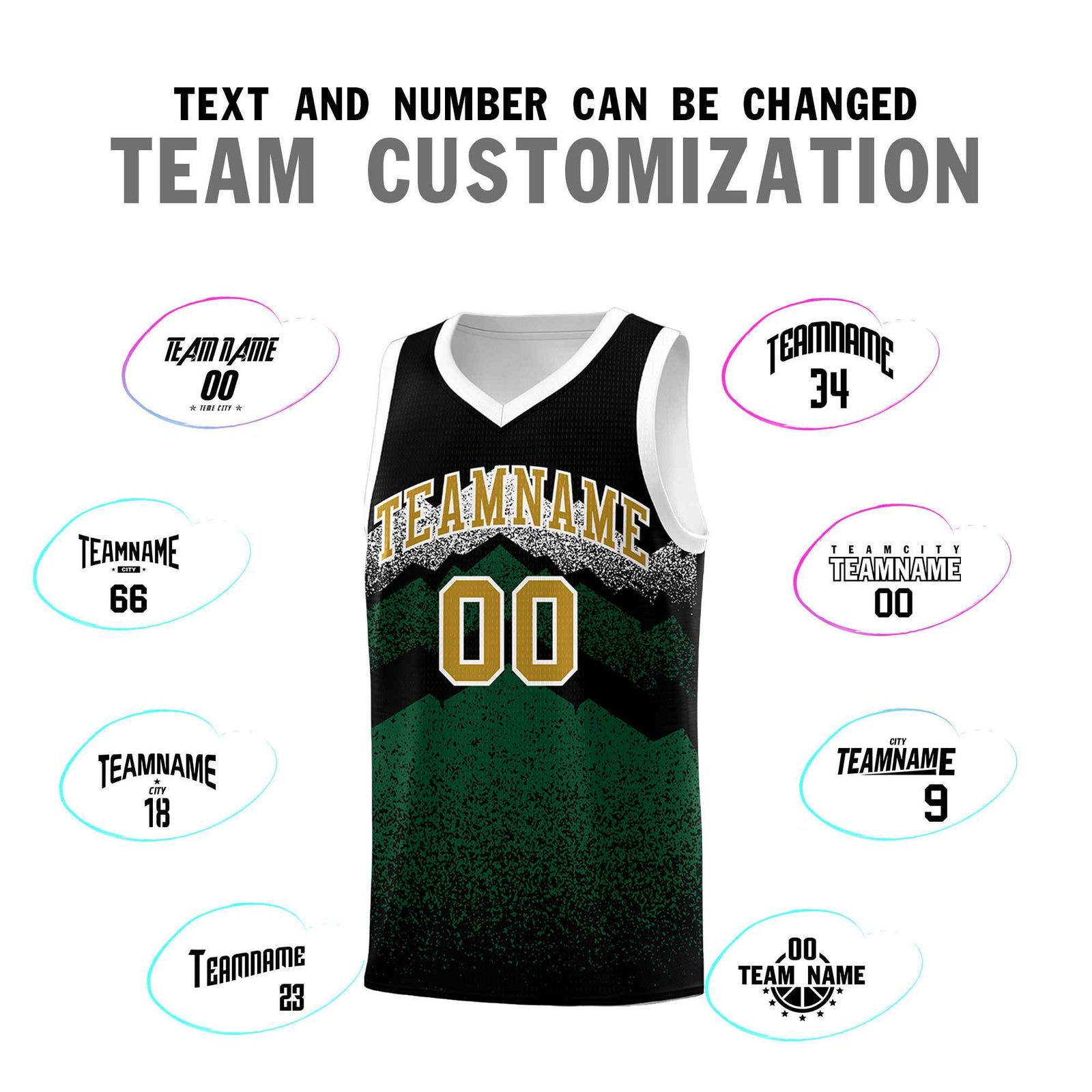 Personalized Youth Basketball Jerseys   Black Green Gradient Mountain Design Uniforms