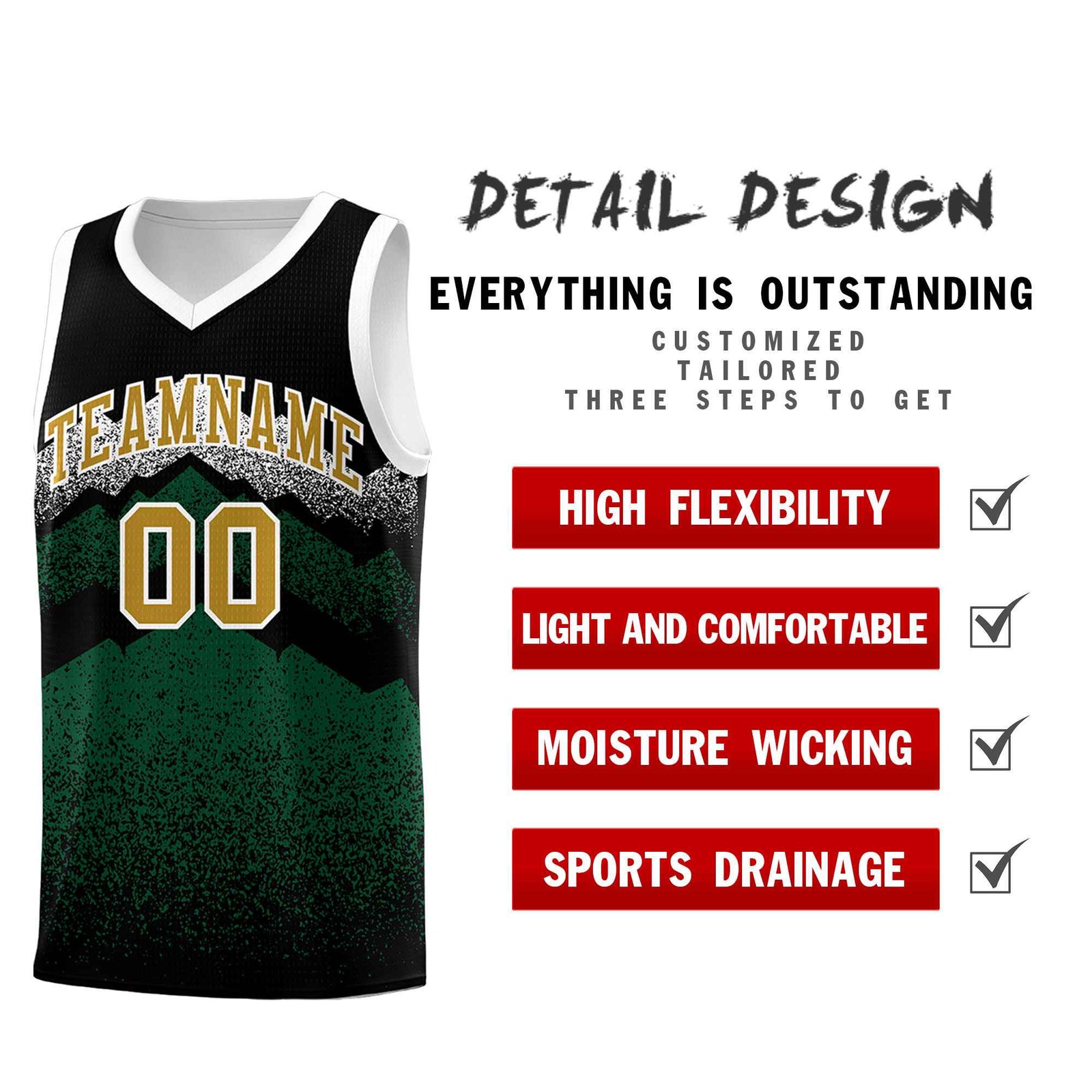 Personalized Youth Basketball Jerseys   Black Green Gradient Mountain Design Uniforms