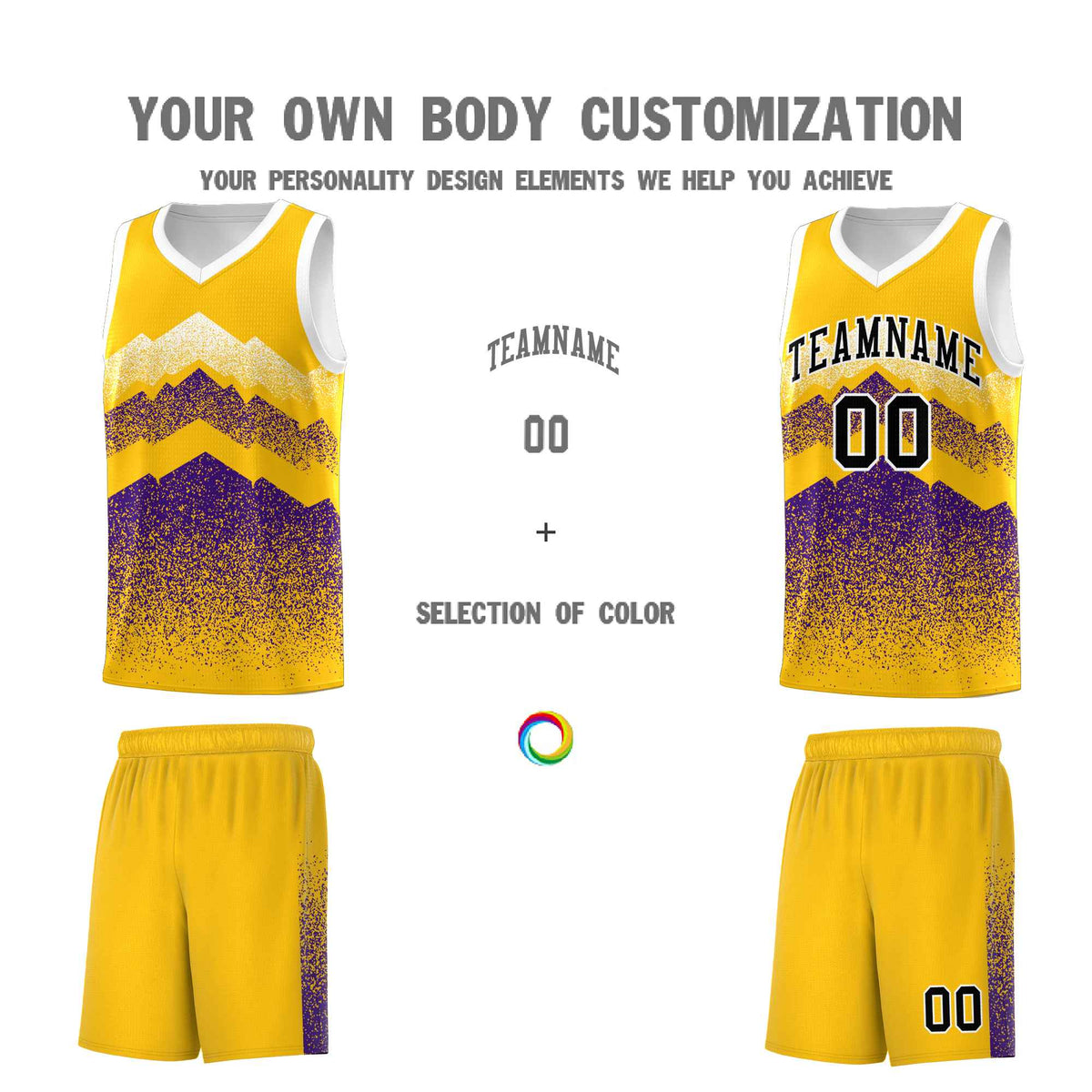 Custom Youth Basketball Jerseys Gold Purple Gradient Mountain Design Uniforms