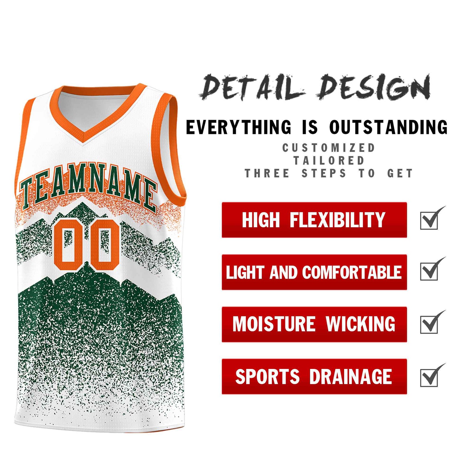 Custom Youth Basketball Jerseys White Green Gradient Mountain Design Uniforms