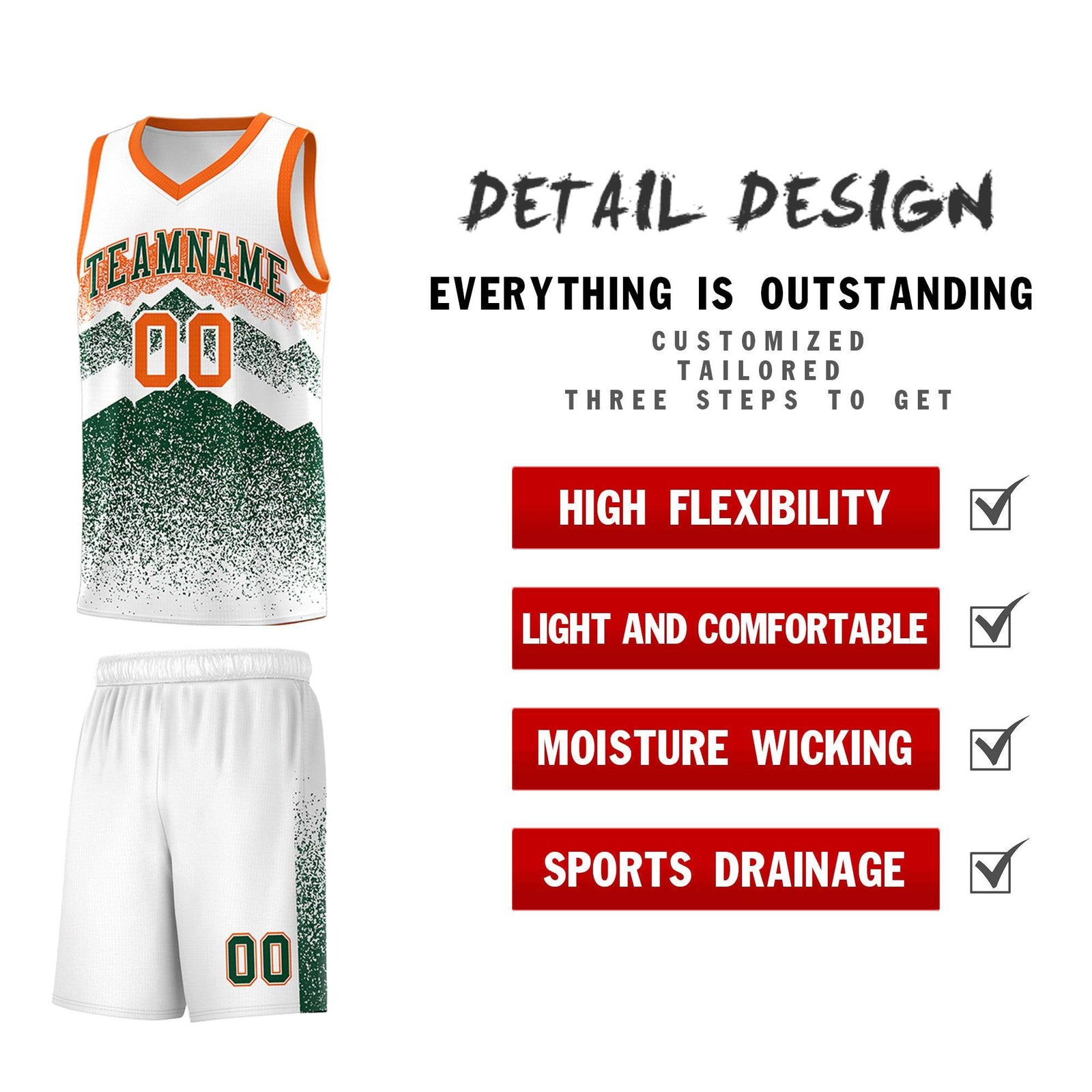 Custom Youth Basketball Jerseys White Green Gradient Mountain Design Uniforms