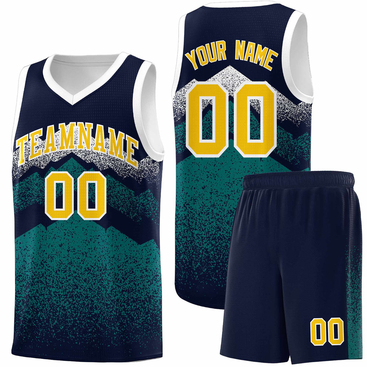 Custom Youth Basketball Jerseys Navy Teal Gradient Mountain Design Uniforms