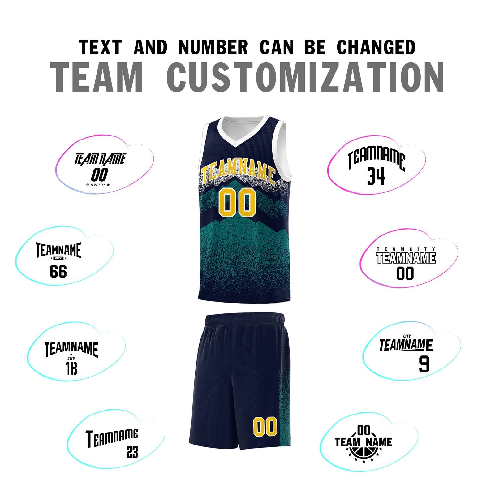 Custom Youth Basketball Jerseys Navy Teal Gradient Mountain Design Uniforms