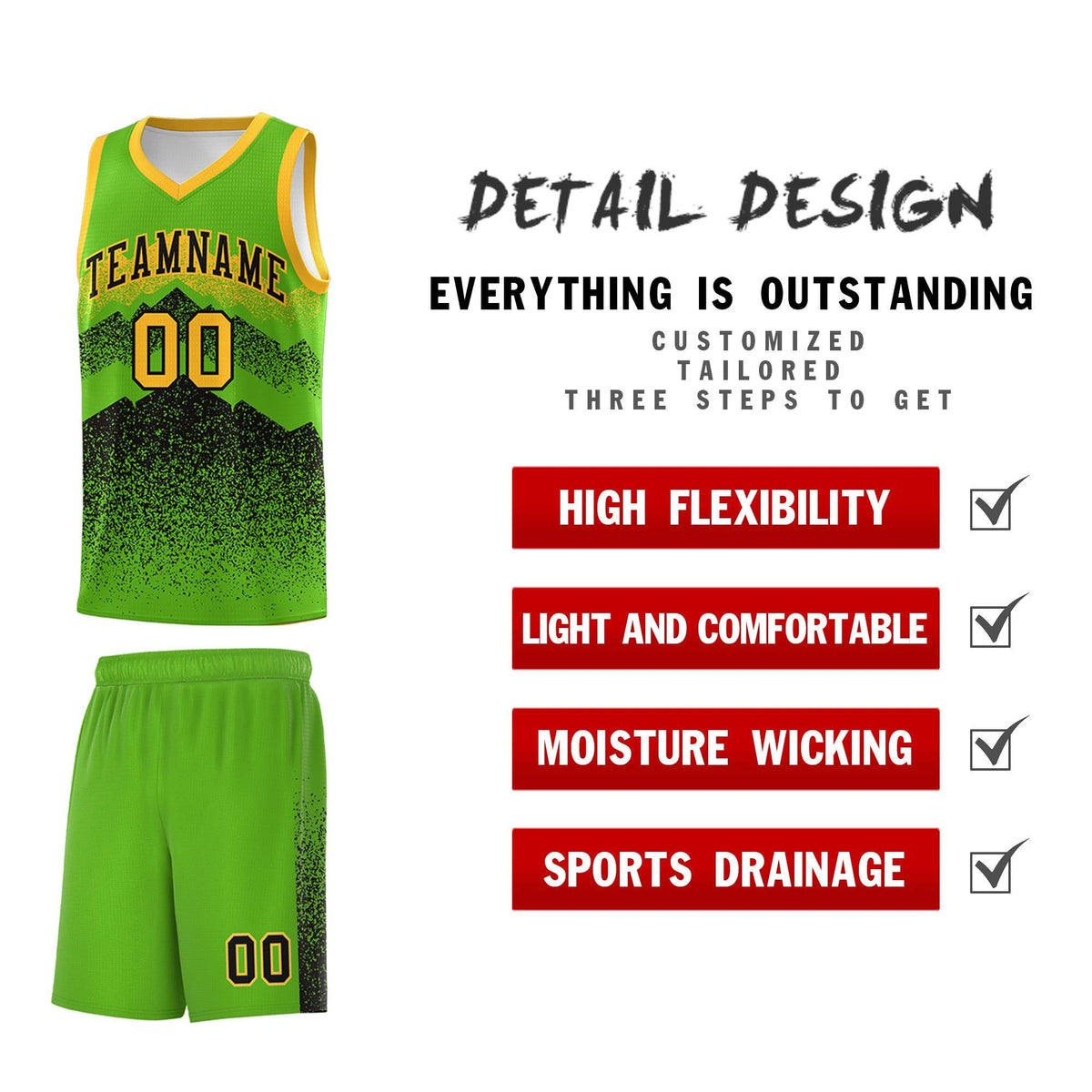 Custom Youth Basketball Jerseys Green Black Gradient Mountain Design Uniforms