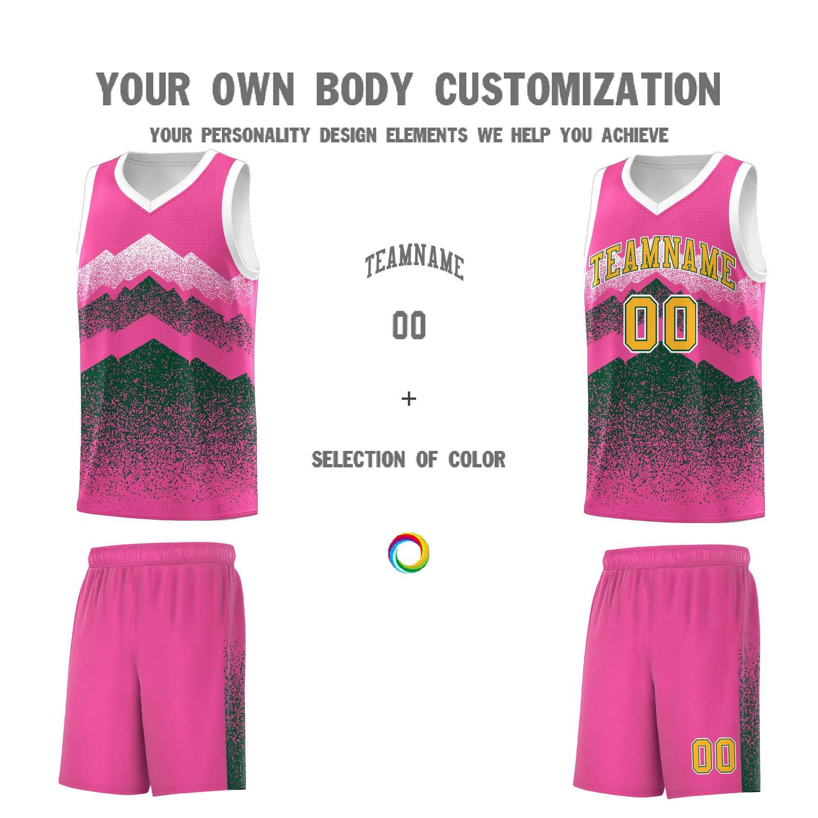 Personalized Youth Basketball Jerseys   Pink Green Gradient Mountain Design Uniforms