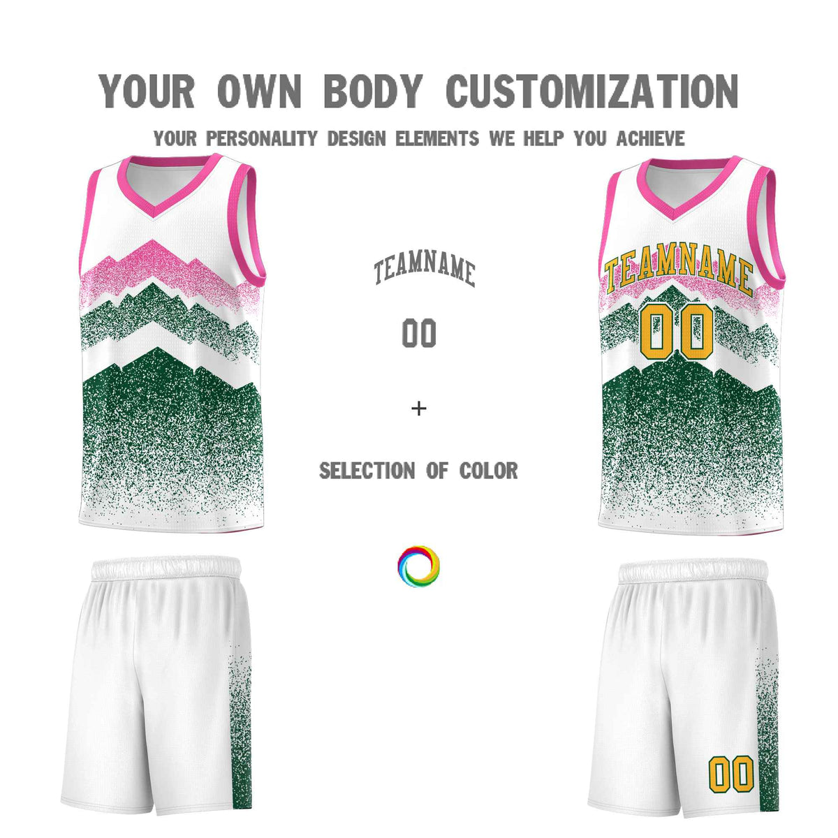 Custom Youth Basketball Jerseys White Green Gradient Mountain Design Uniforms