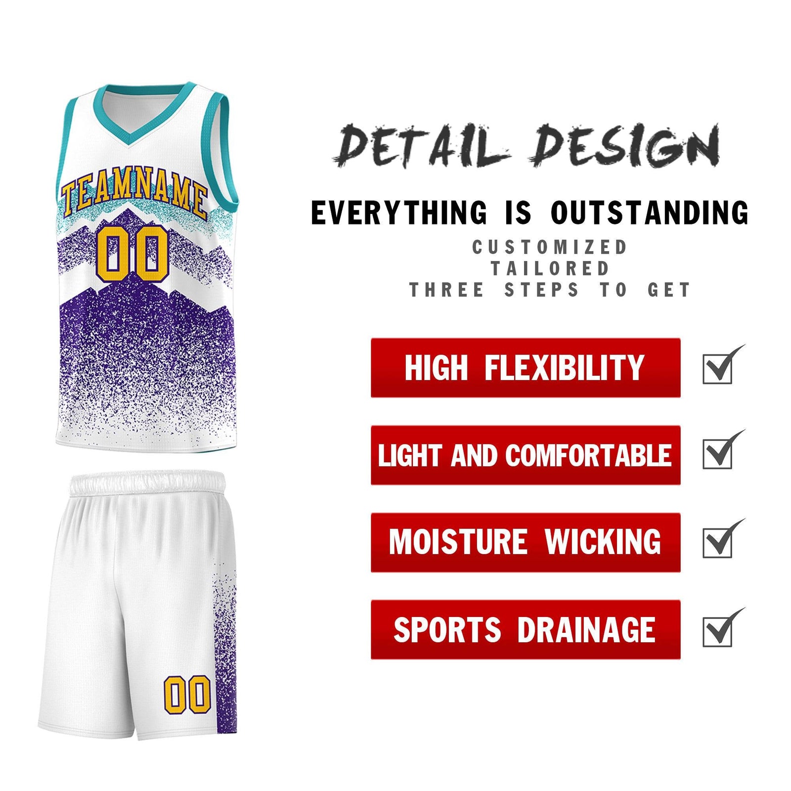 Custom Youth Basketball Jerseys White Purple Gradient Mountain Design Uniforms