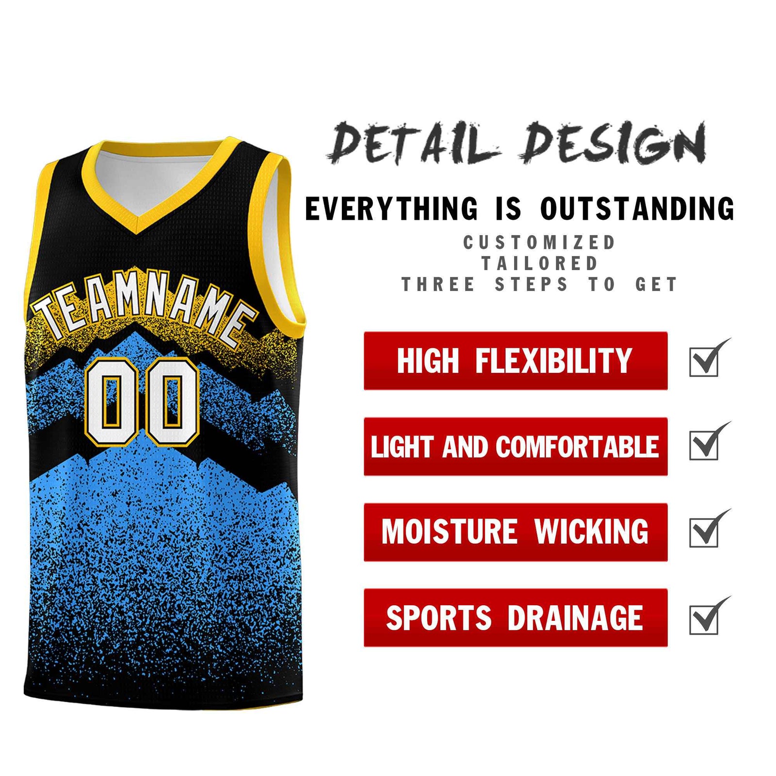 Custom Youth Basketball Jerseys Black Powder Blue Gradient Mountain Design Uniforms