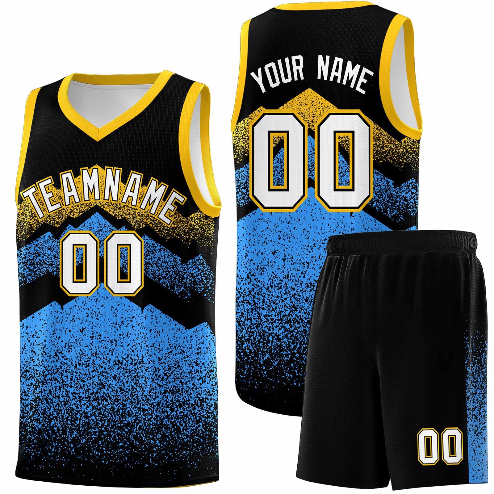 Custom Youth Basketball Jerseys Black Powder Blue Gradient Mountain Design Uniforms