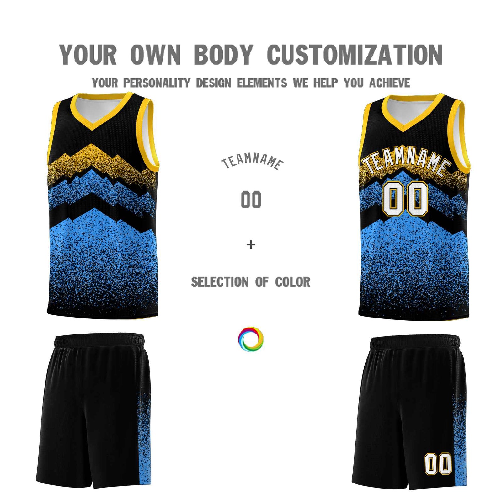 Custom Youth Basketball Jerseys Black Powder Blue Gradient Mountain Design Uniforms