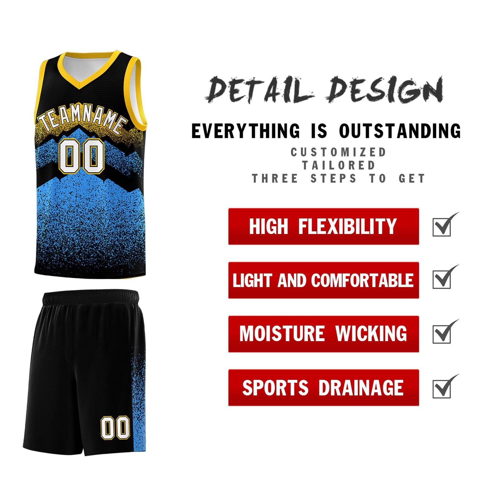 Custom Youth Basketball Jerseys Black Powder Blue Gradient Mountain Design Uniforms