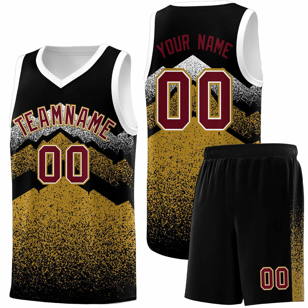 Custom Youth Basketball Jerseys Black Old Gold Gradient Mountain Design Uniforms