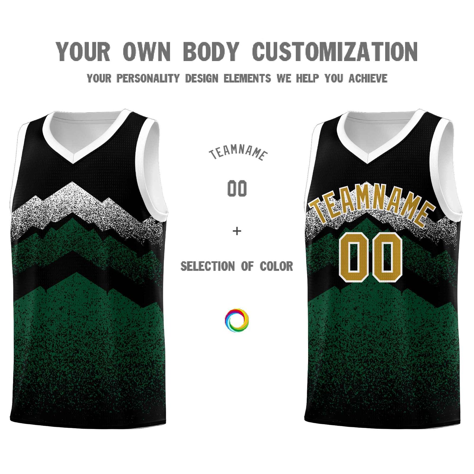 Personalized Youth Basketball Jerseys   Black Green Gradient Mountain Design Uniforms