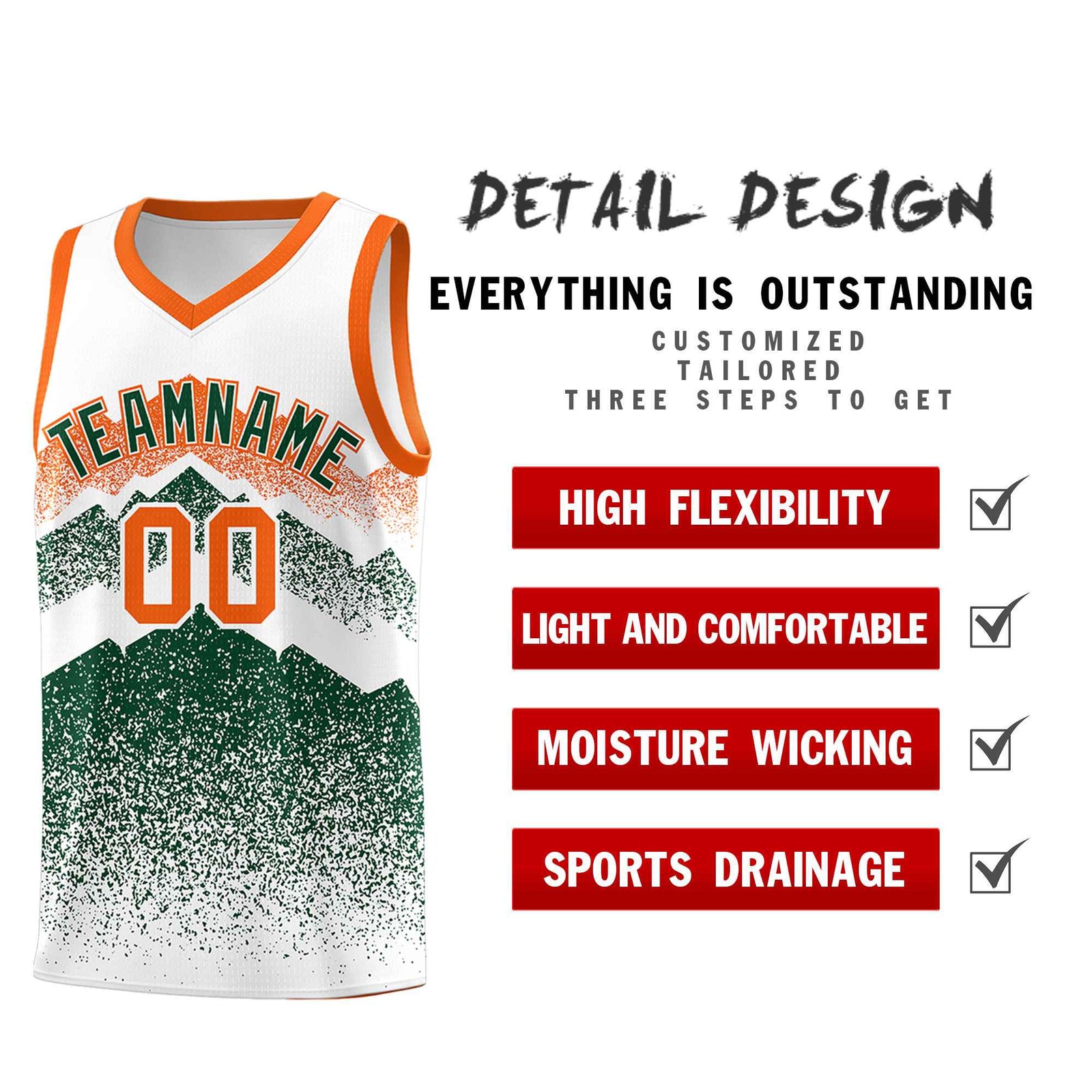 Custom Youth Basketball Jerseys White Green Gradient Mountain Design Uniforms
