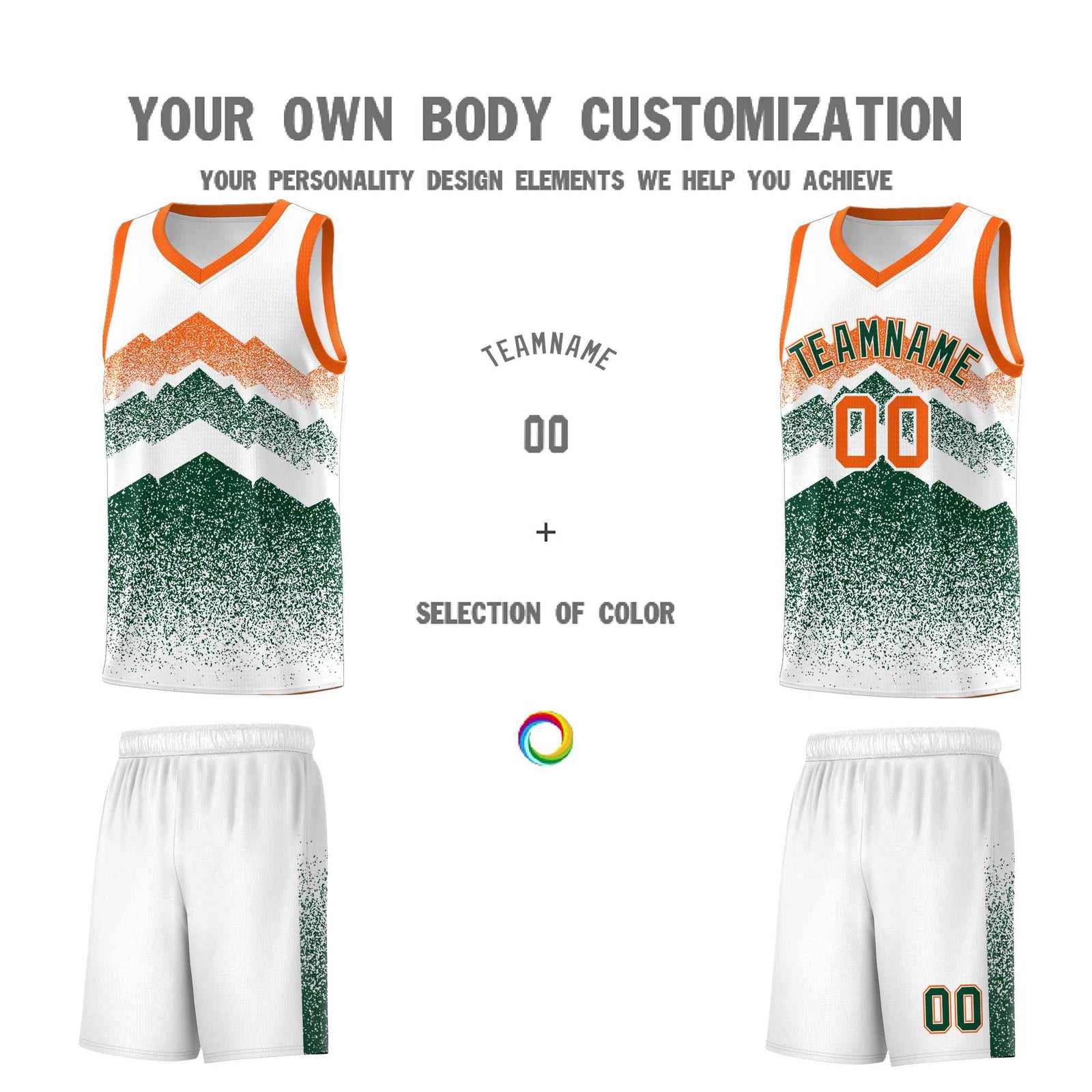 Custom Youth Basketball Jerseys White Green Gradient Mountain Design Uniforms