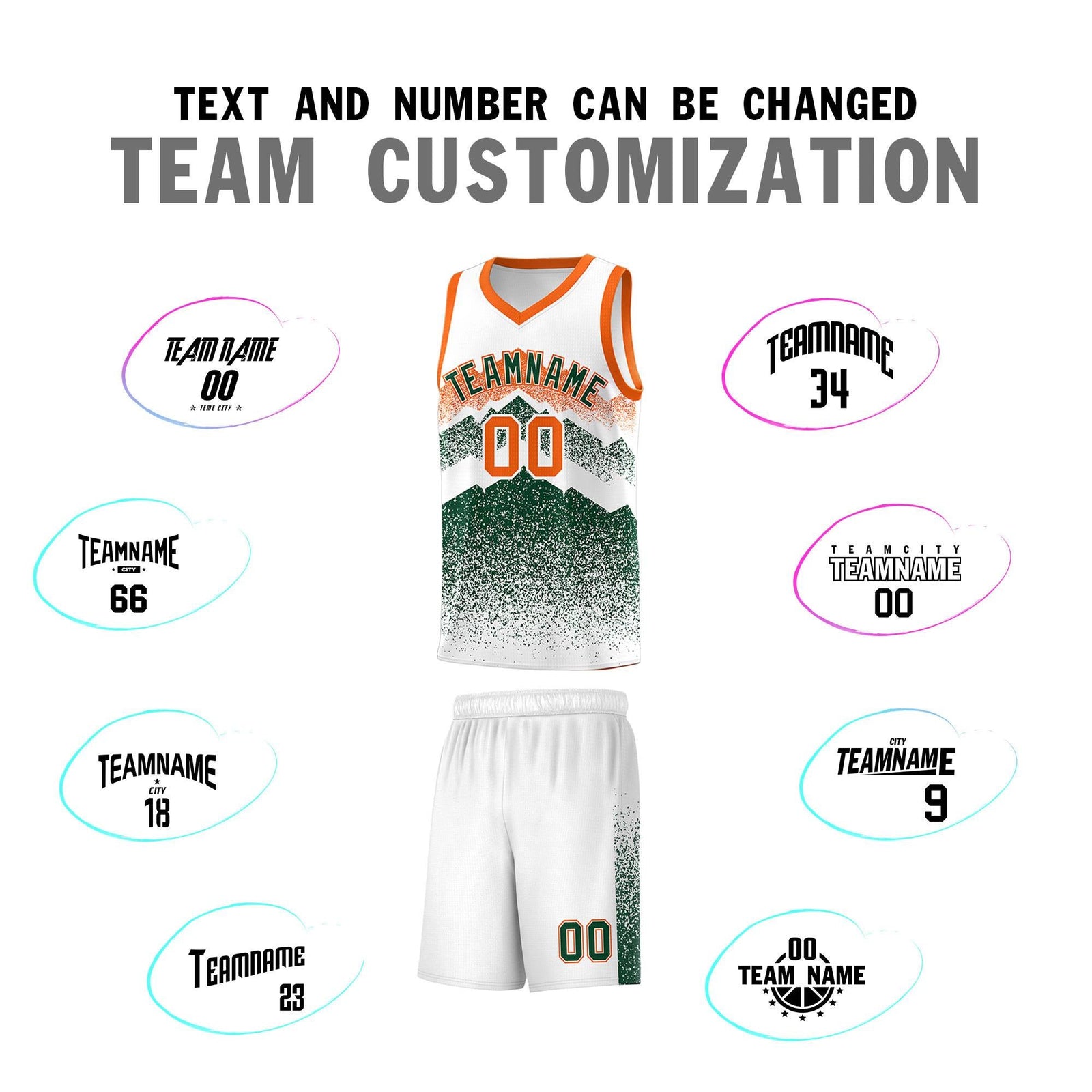 Custom Youth Basketball Jerseys White Green Gradient Mountain Design Uniforms