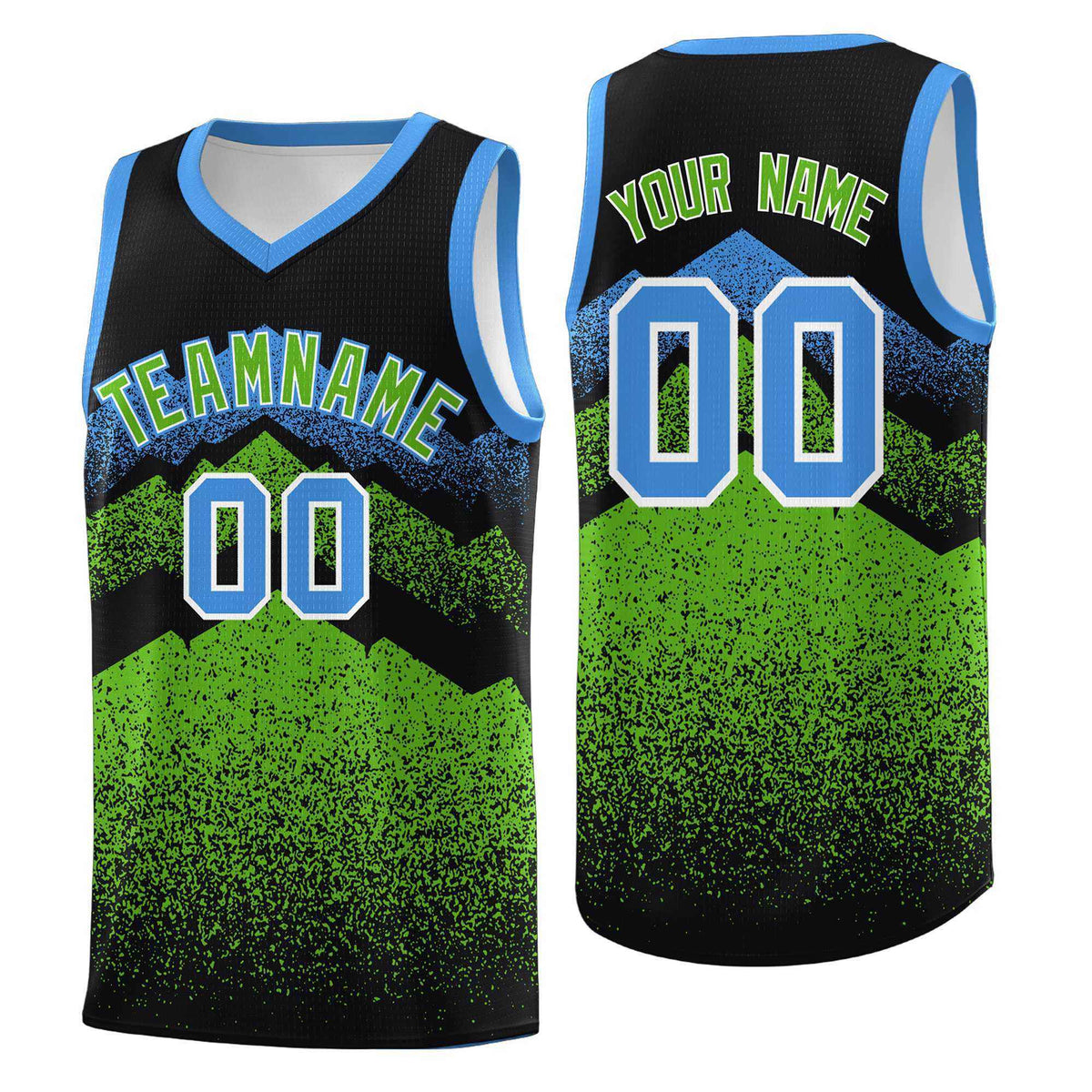 Personalized Youth Basketball Jerseys   Black Green Gradient Mountain Design Uniforms