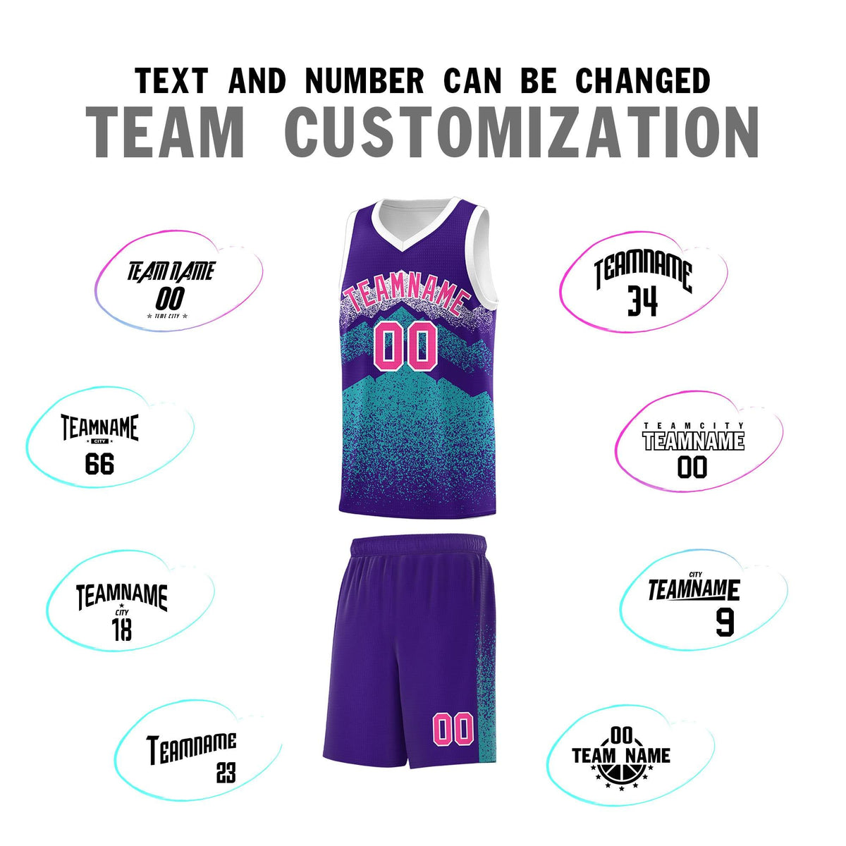 Personalized Youth Basketball Jerseys   Purple Aqua Gradient Mountain Design Uniforms