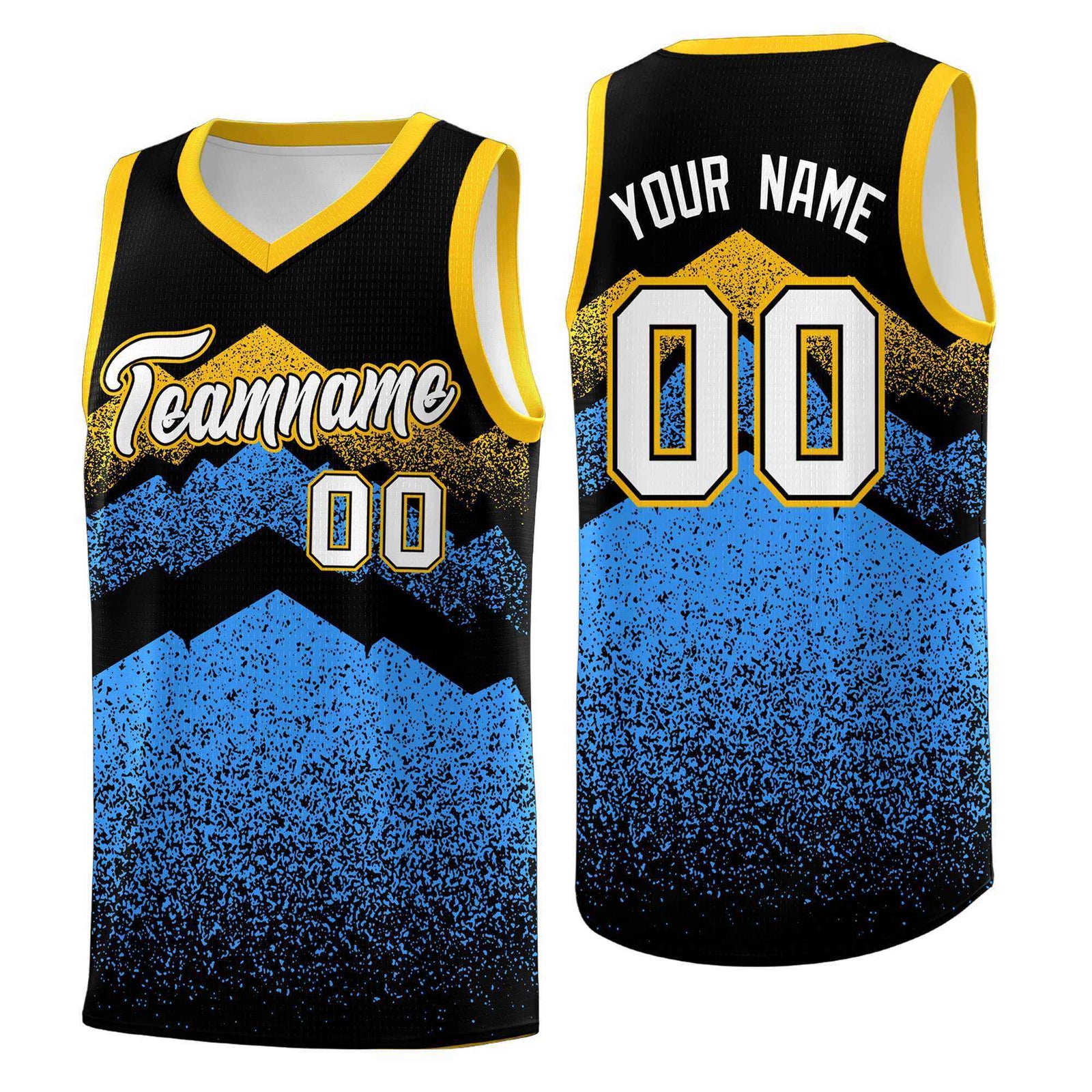 Custom Youth Basketball Jerseys Black Powder Blue Gradient Mountain Design Uniforms
