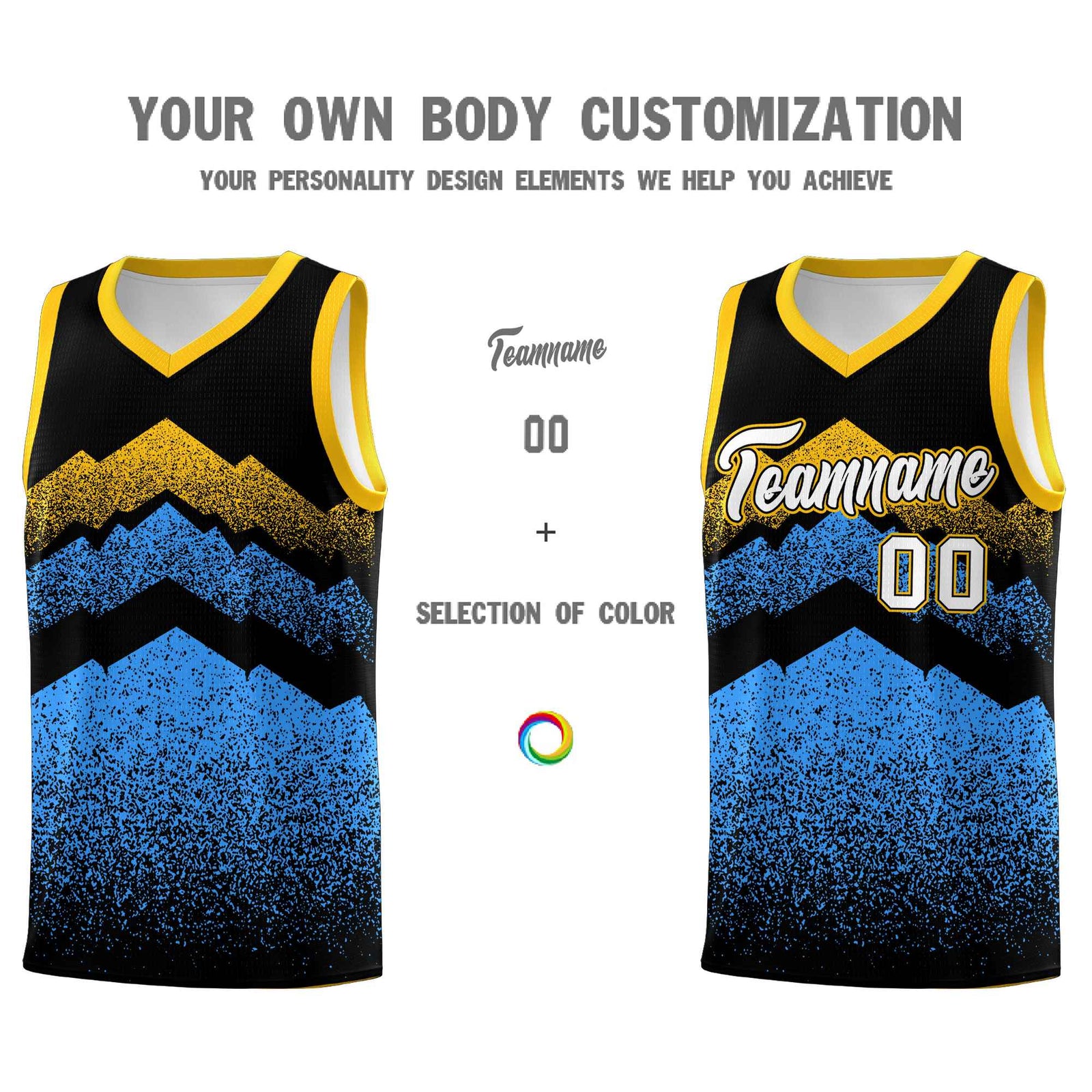 Custom Youth Basketball Jerseys Black Powder Blue Gradient Mountain Design Uniforms