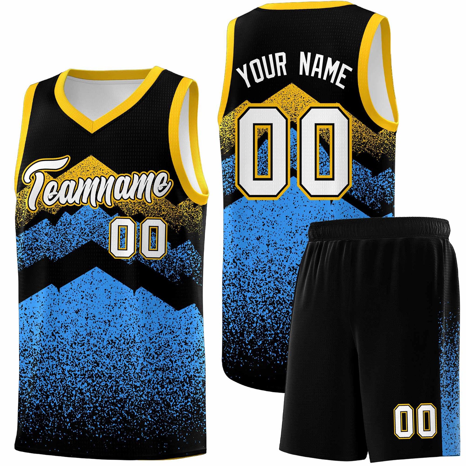 Custom Youth Basketball Jerseys Black Powder Blue Gradient Mountain Design Uniforms