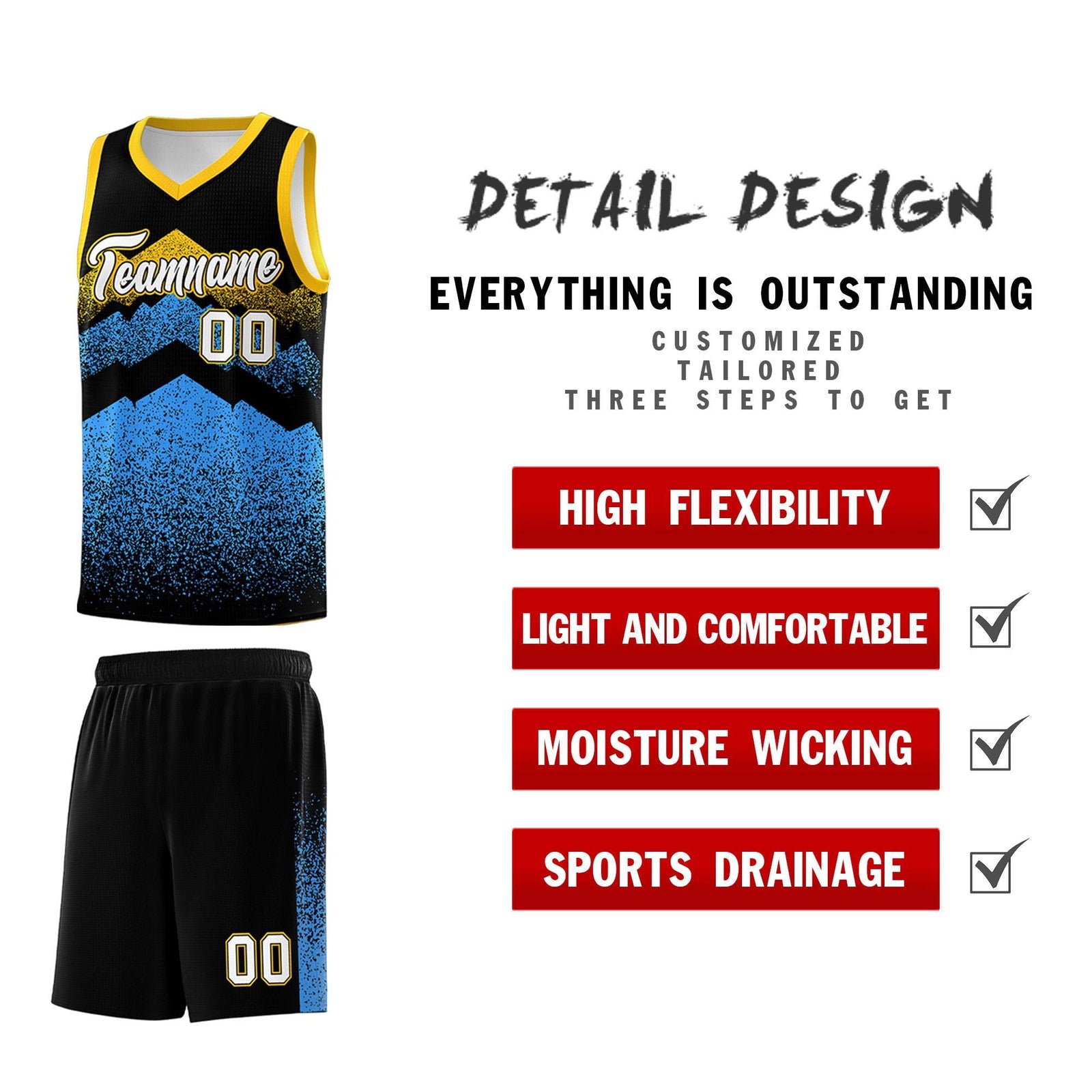 Custom Youth Basketball Jerseys Black Powder Blue Gradient Mountain Design Uniforms