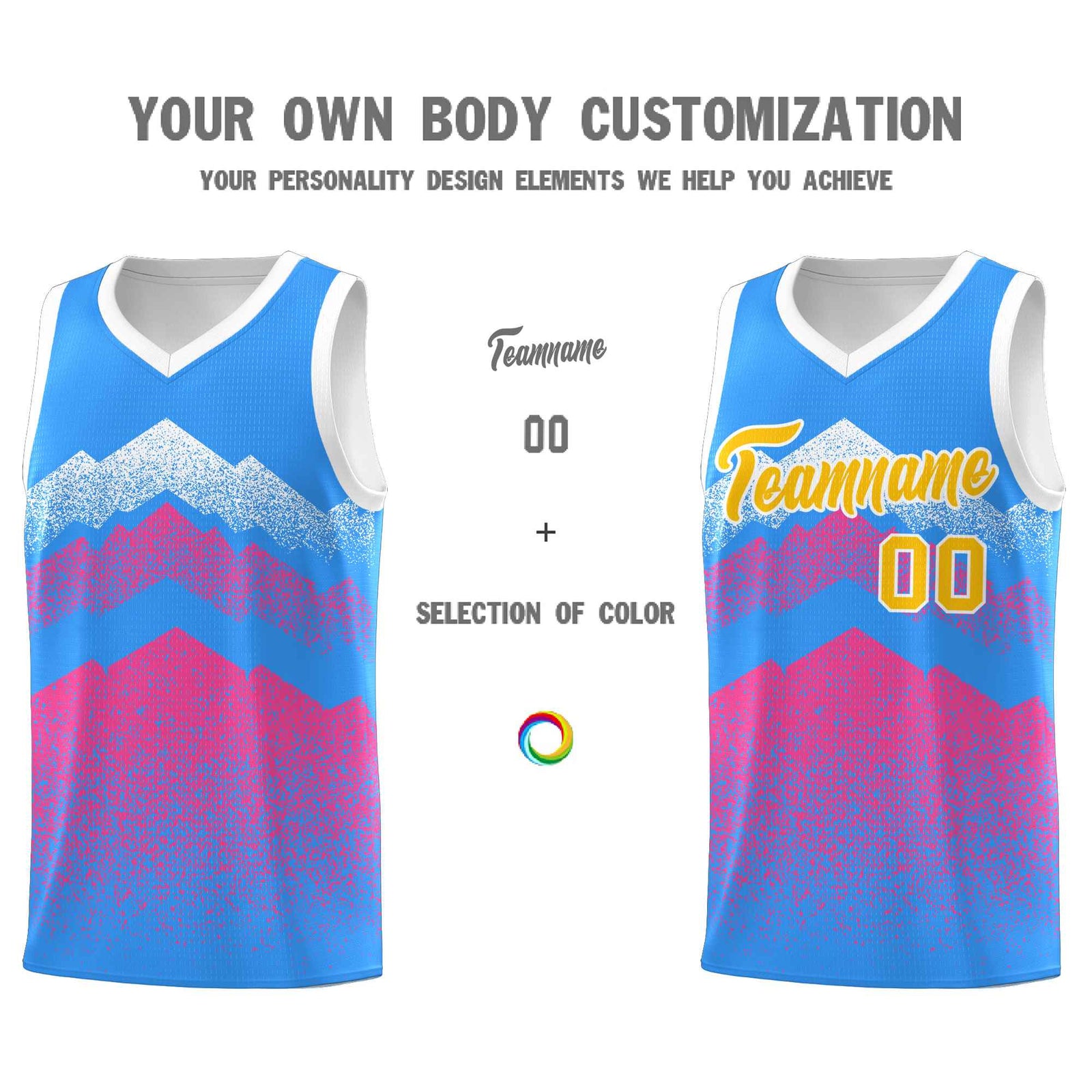 Custom Youth Basketball Jerseys Powder Blue Pink Gradient Mountain Design Uniforms