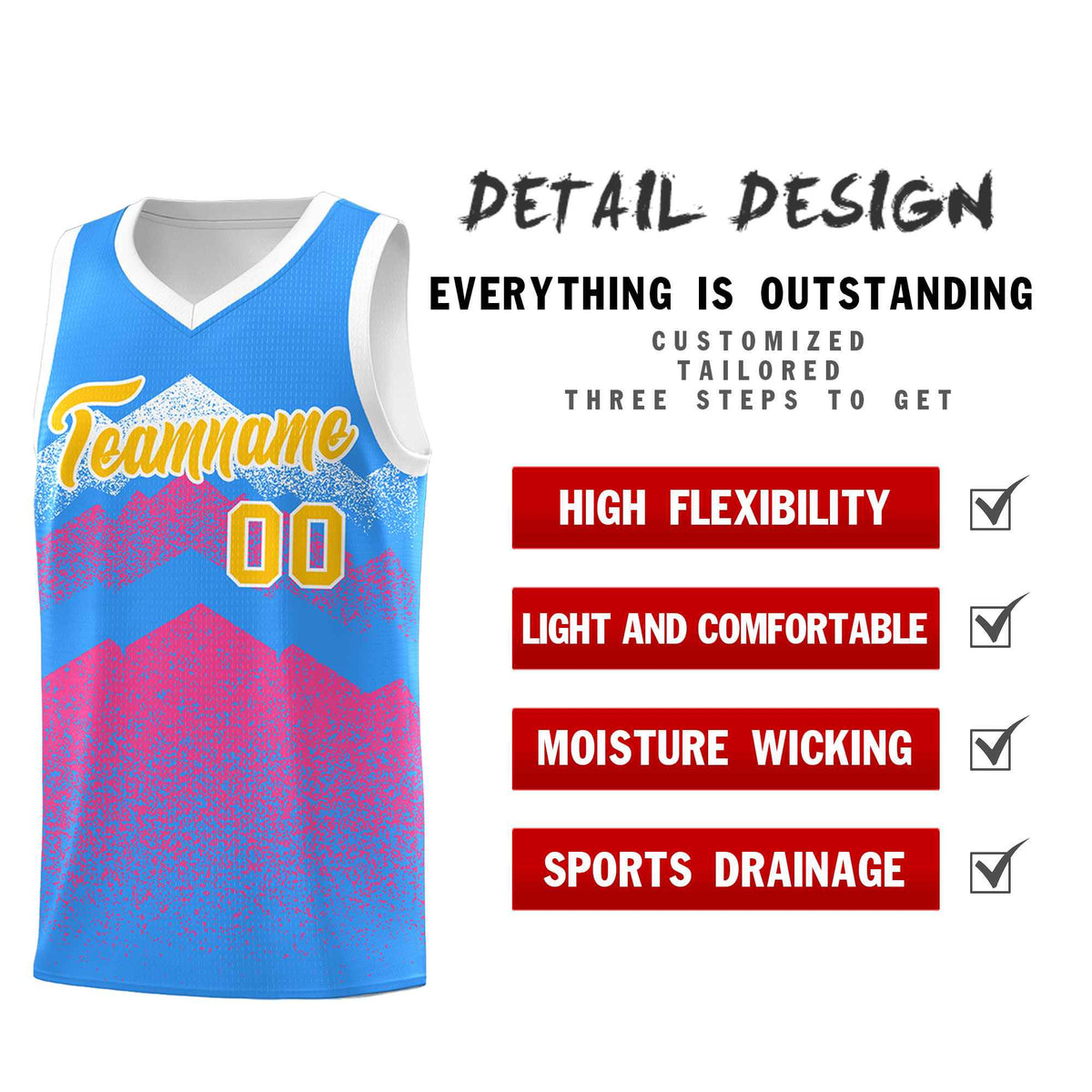 Custom Youth Basketball Jerseys Powder Blue Pink Gradient Mountain Design Uniforms